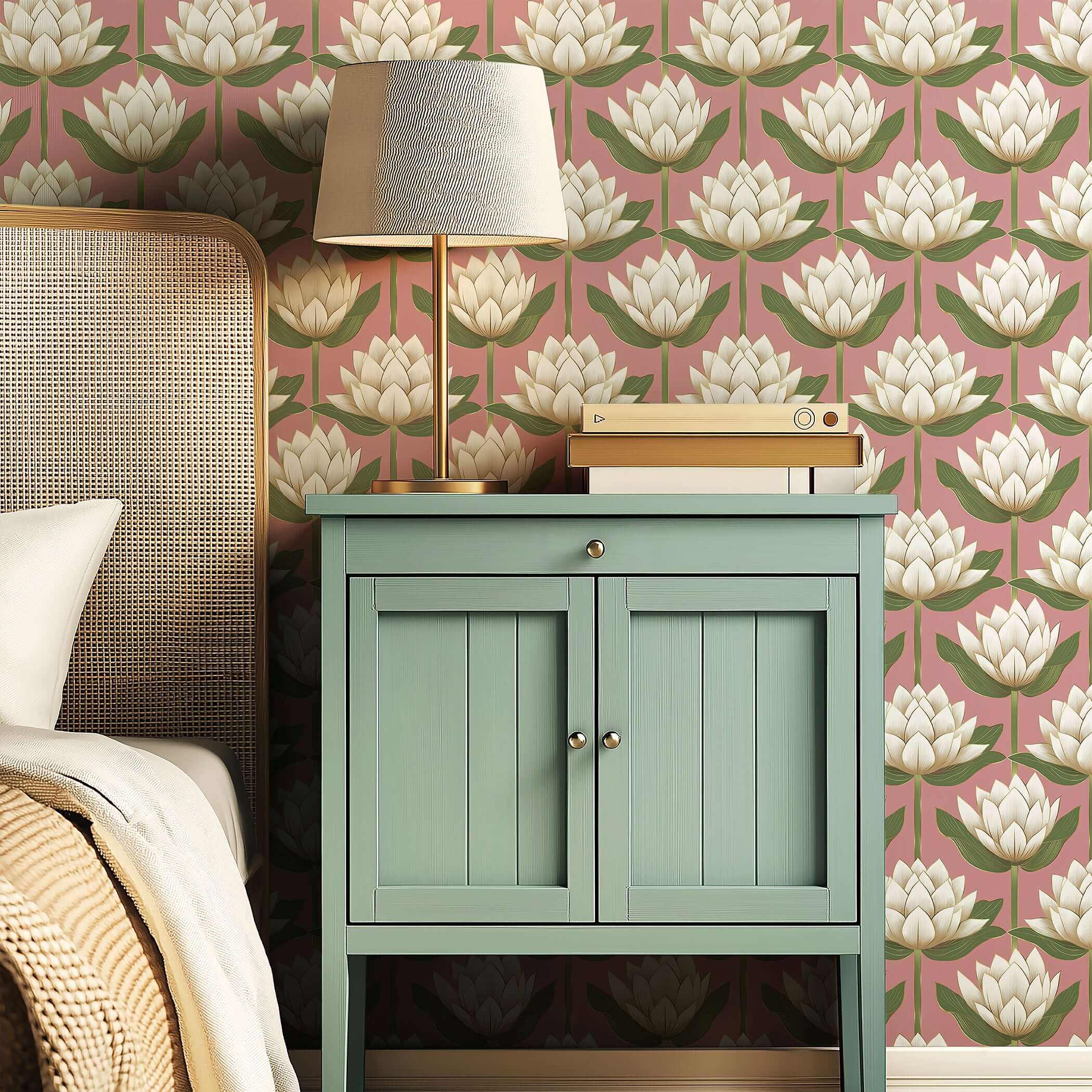 Floral wallpaper featuring ivory lotus flowers with green leaves on a pink background, enhancing a modern bedroom's elegance.
