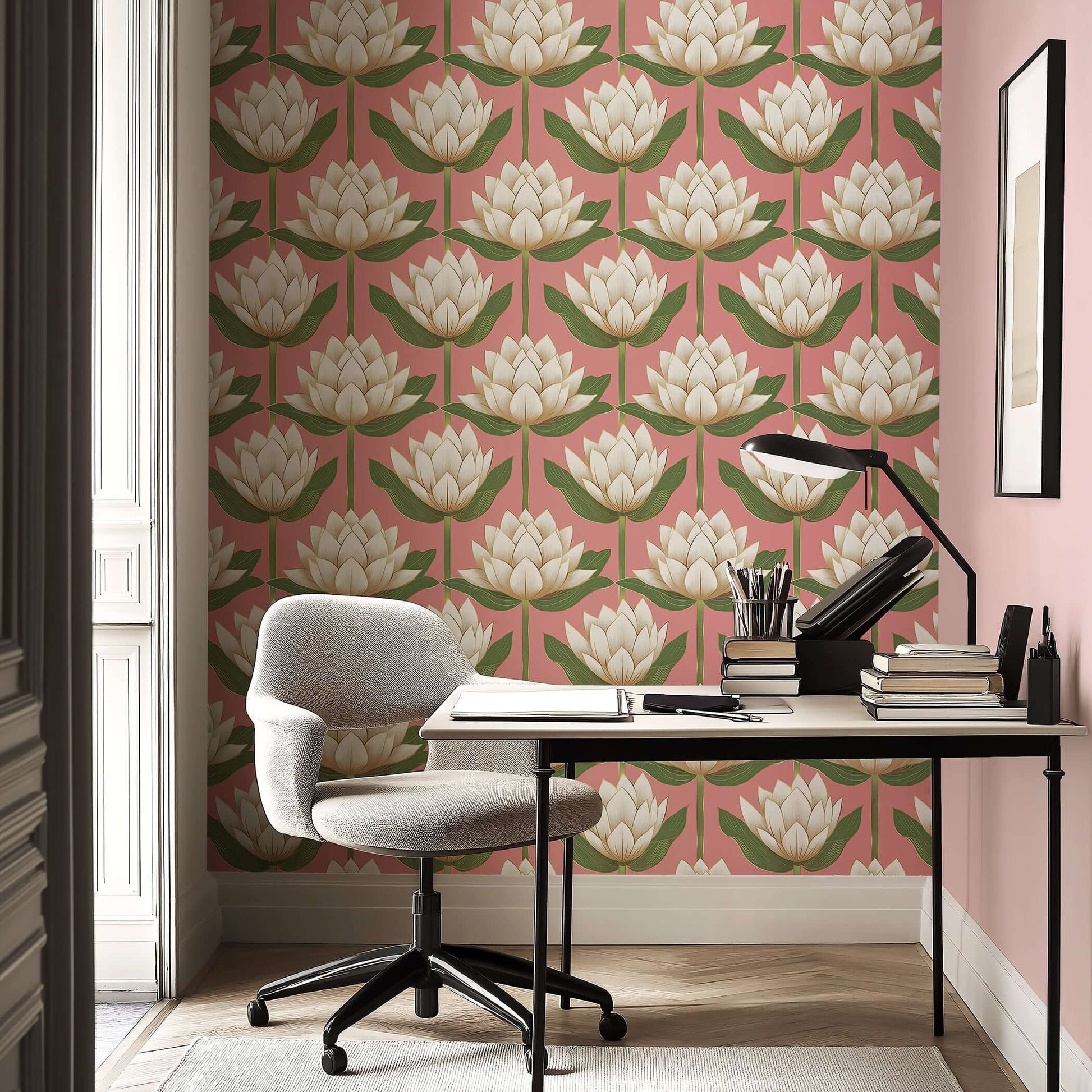 Modern Lotus Serenade wallpaper with ivory lotus flowers and green leaves on a pink background, enhancing elegance in home decor.