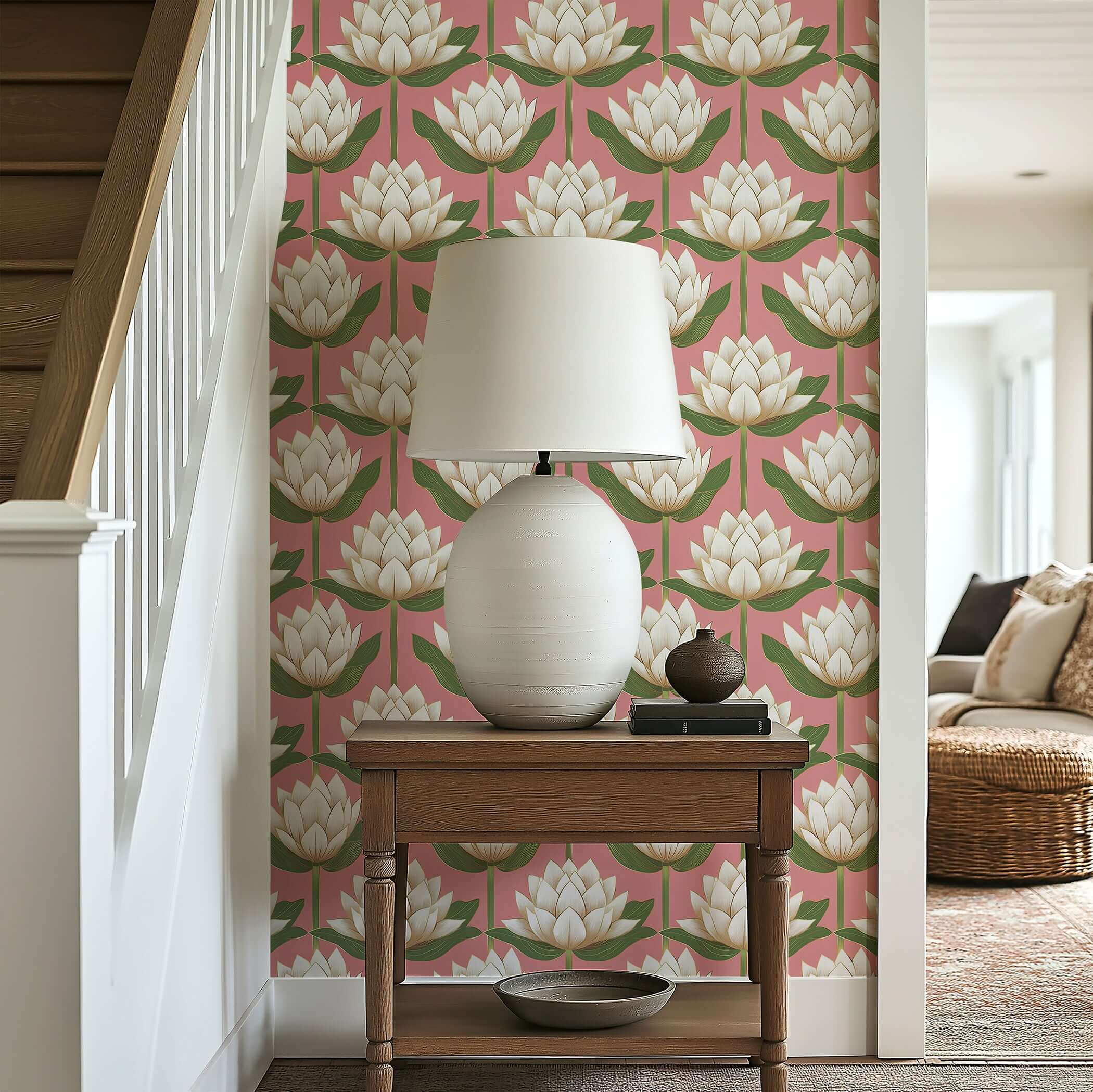 "Lotus Serenade Wallpaper" by Wall Artifacts featuring white lotus flowers with green leaves on a pink background, ideal for modern decor.