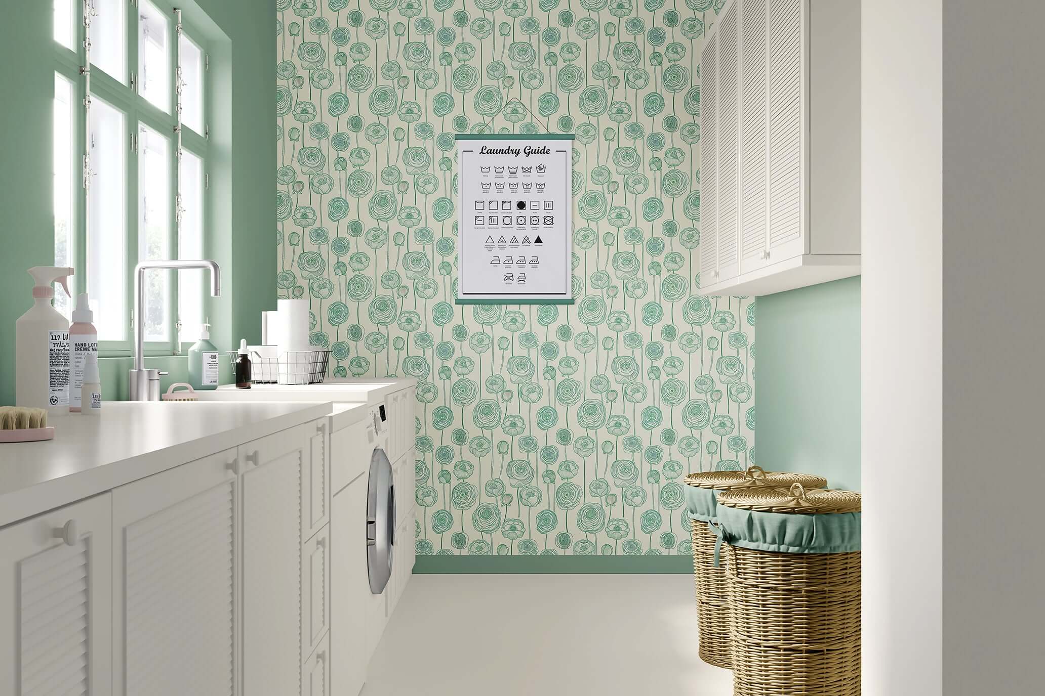 Laundry room with Green Garden Romance wallpaper, featuring green botanical and floral patterns on a cream background.