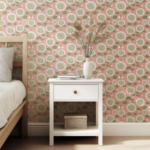 Vintage Daisy Dream wallpaper with whimsical white daisies on a blush-pink background, ideal for modern floral decor.