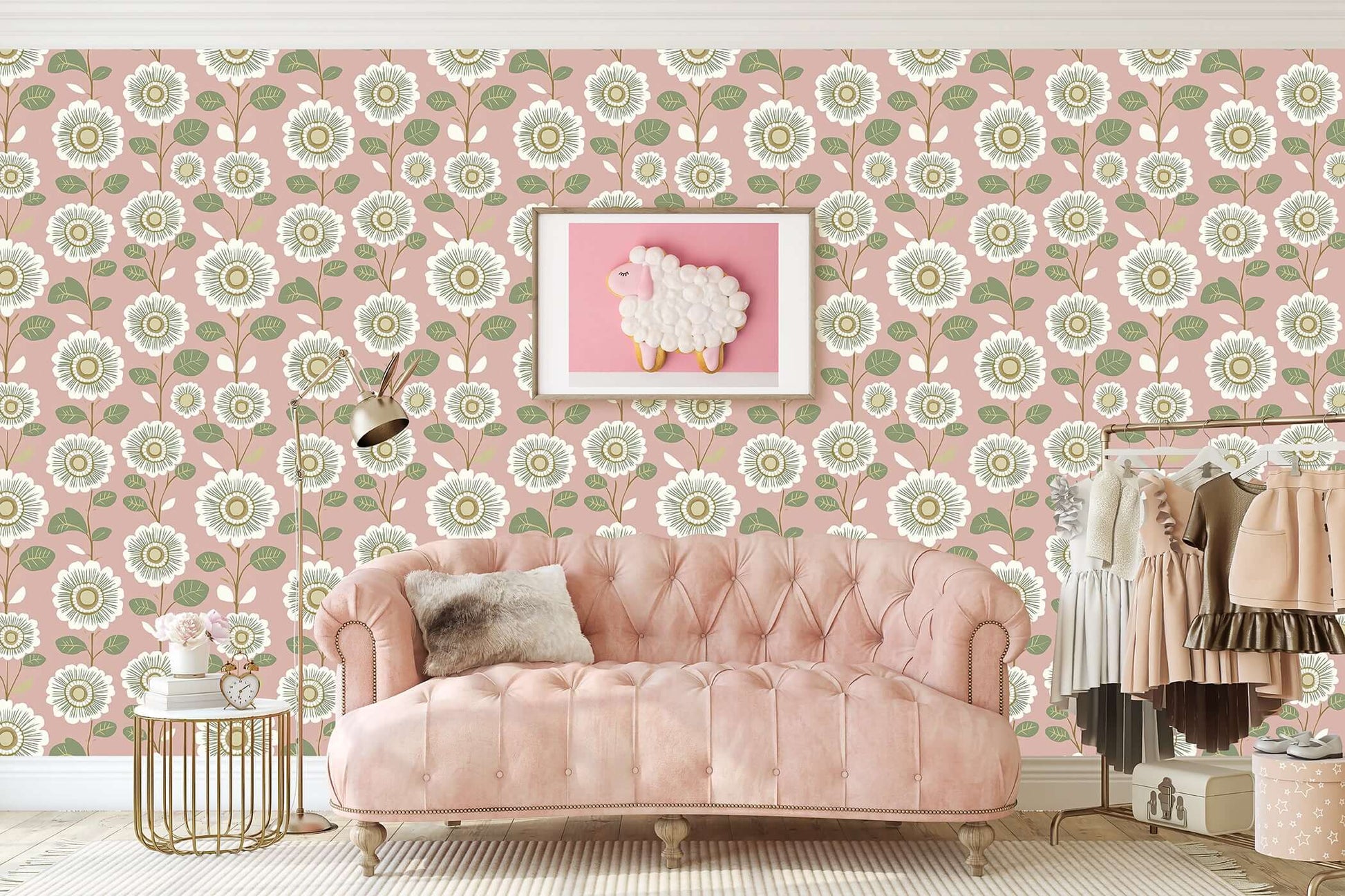 Vintage Daisy Dream wallpaper with white daisies, pink background, and green leaves enhancing a chic retro-style living room.