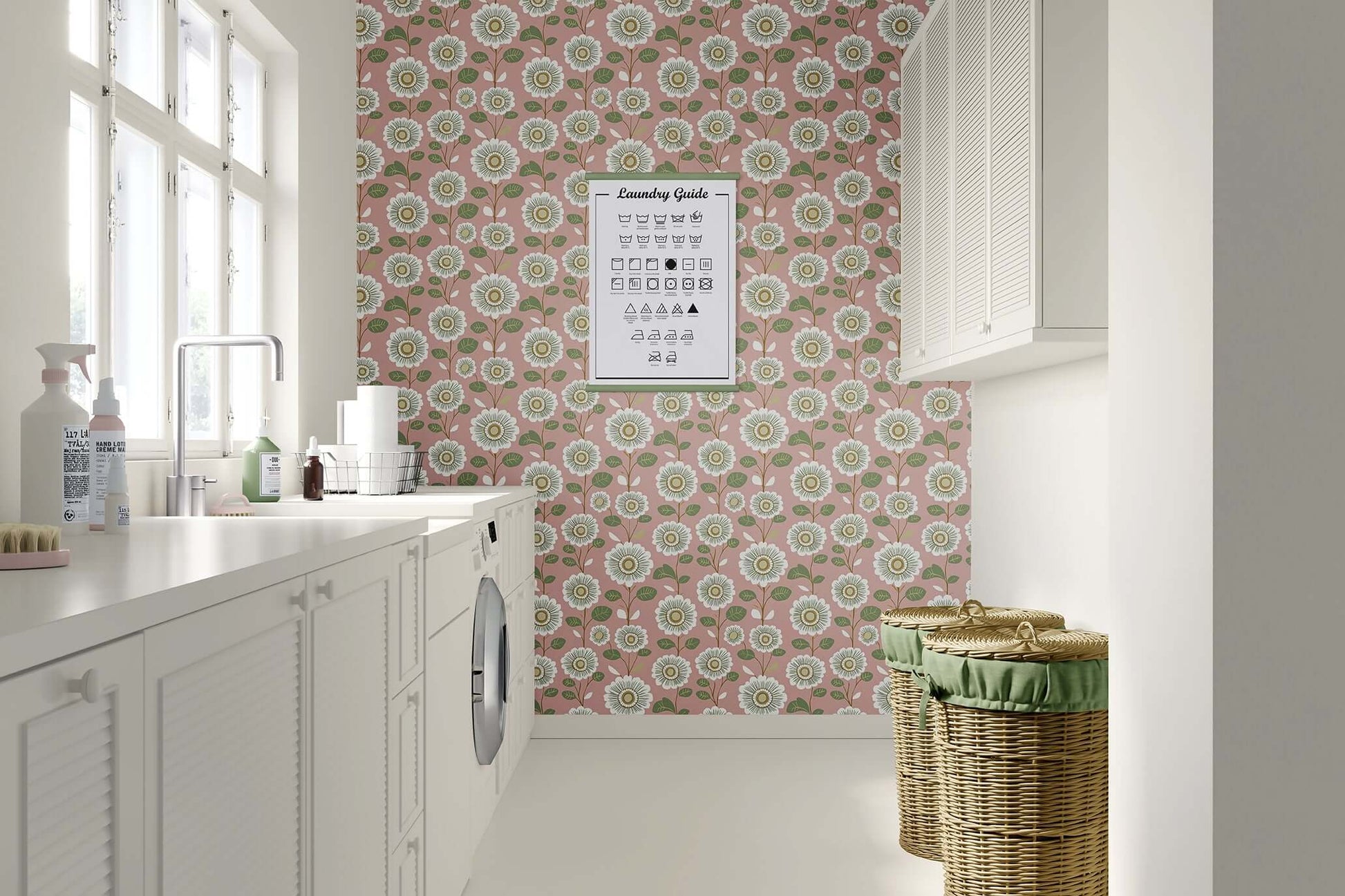 Laundry room with Vintage Daisy Dream wallpaper featuring white daisies, olive green leaves, pink background; floral, modern design.