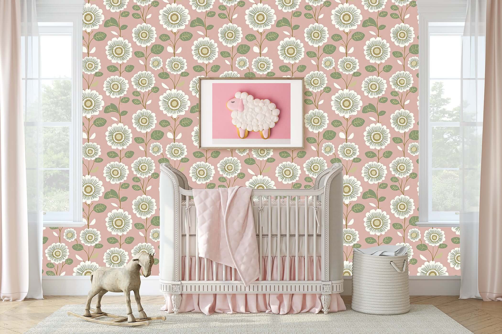 Vintage Daisy Dream wallpaper with white daisies, green leaves on blush-pink. Ideal floral decor for modern, contemporary nurseries.