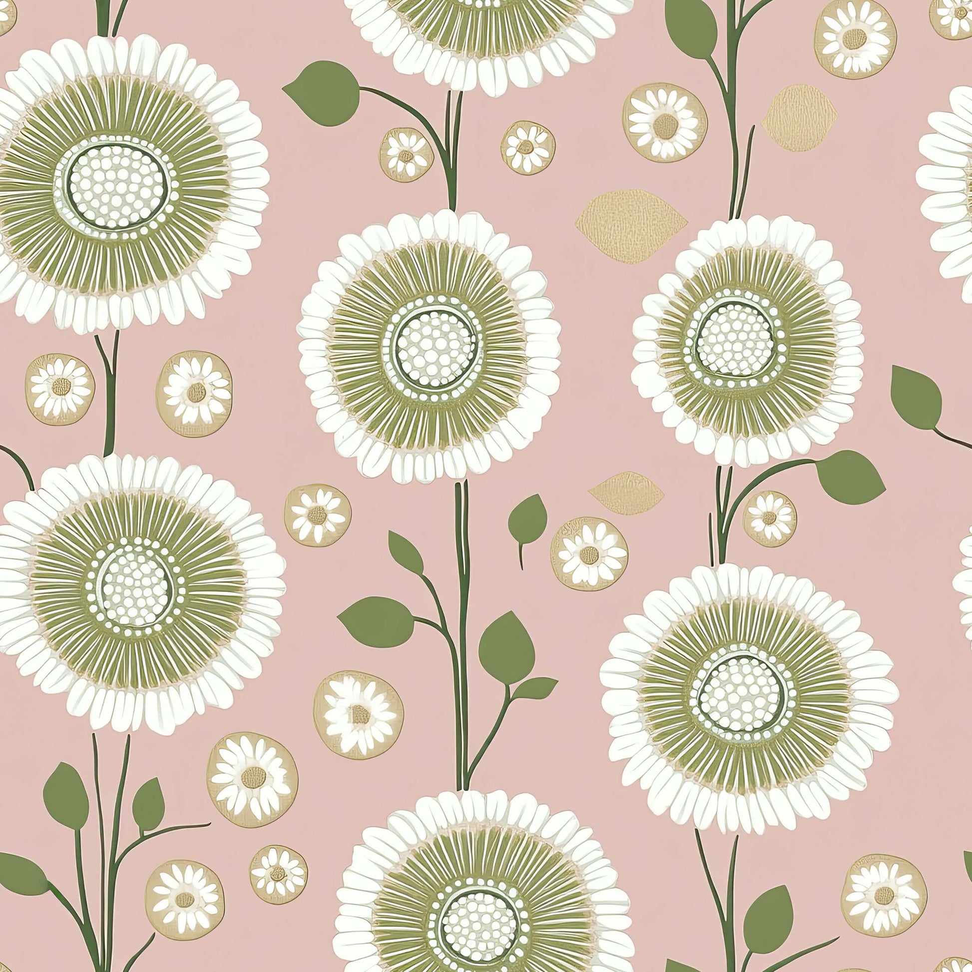 Stylized floral wallpaper with white and olive green flowers on a pink background, blending modern and retro elegance.