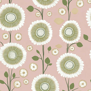 Stylized floral wallpaper with white and olive green flowers on a pink background, blending modern and retro elegance.