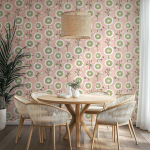 Modern pink wallpaper with white and green floral patterns, perfect for adding contemporary charm to eclectic spaces.