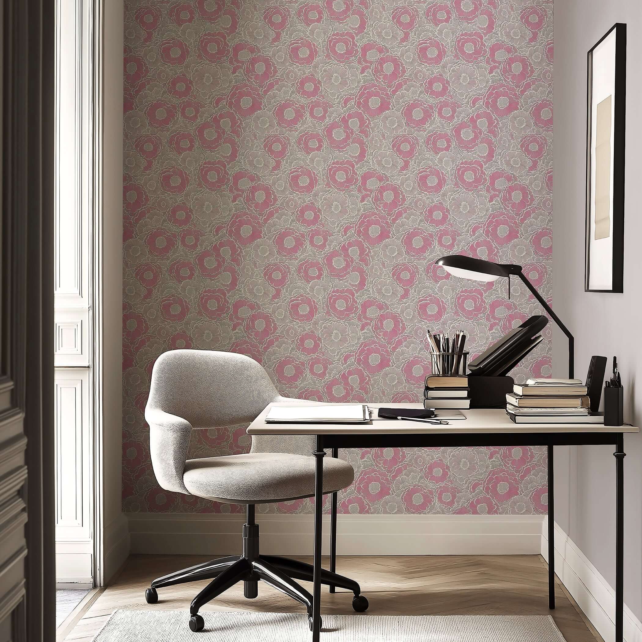 Pastel poppy dreamscape wallpaper with blush florals, modern monochrome design; perfect for home decor in bedrooms or living rooms.