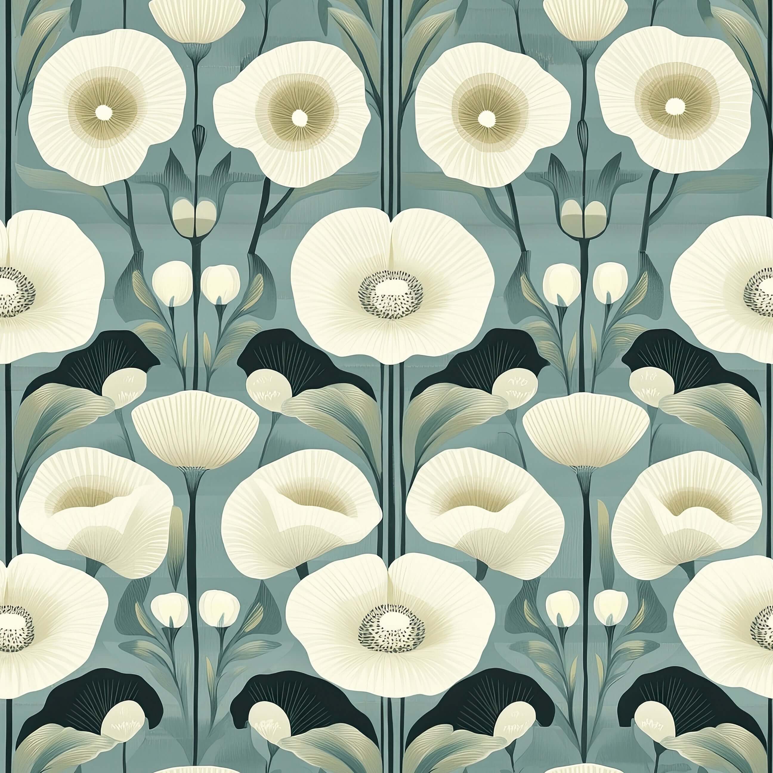 Teal Garden Harmony Wallpaper with ivory poppies on teal background, featuring vintage damask floral pattern and white flowers.