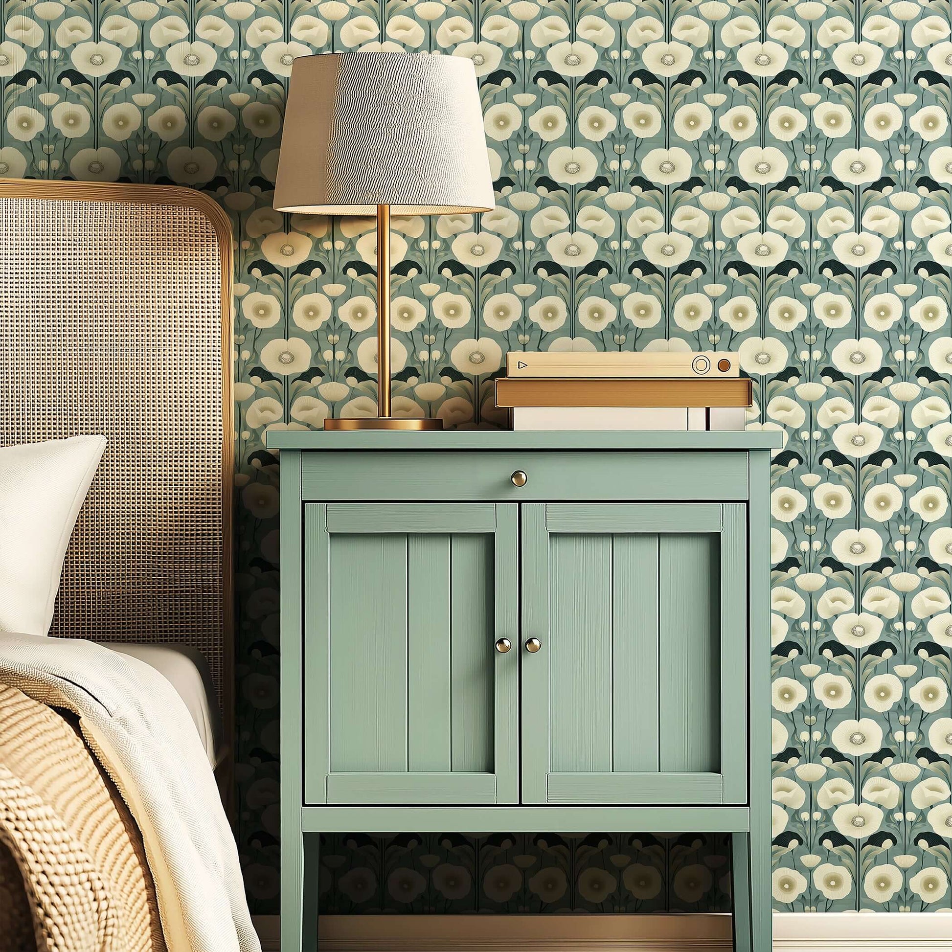 Teal Garden Harmony vintage floral teal wallpaper with white poppies, perfect bedroom decor with contemporary damask elegance.
