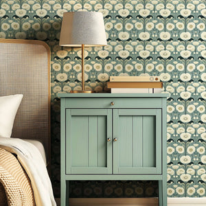 Teal Garden Harmony vintage floral teal wallpaper with white poppies, perfect bedroom decor with contemporary damask elegance.
