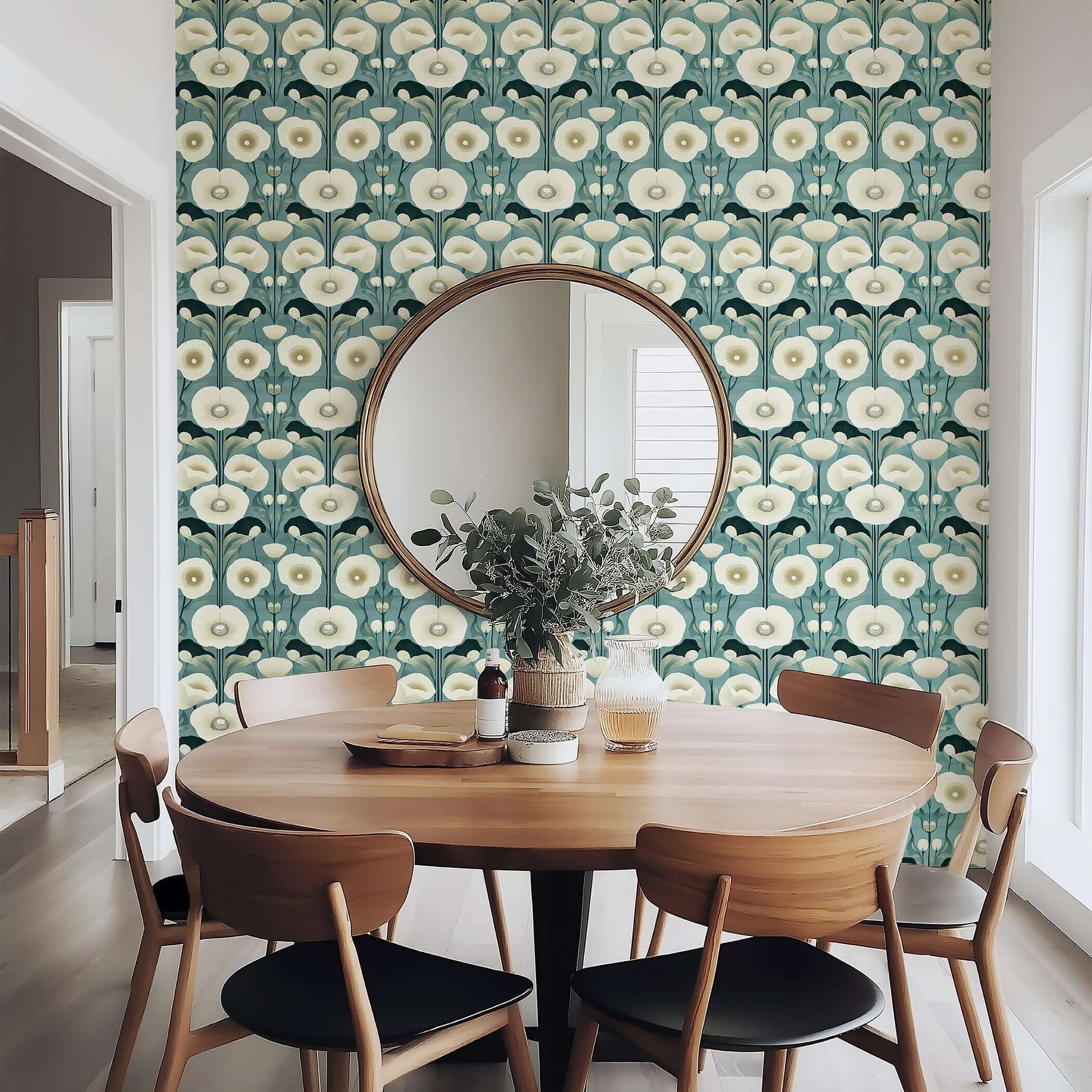 Teal Garden Harmony wallpaper with ivory poppies and vintage damask florals, enhancing a room with a teal background and white flowers.