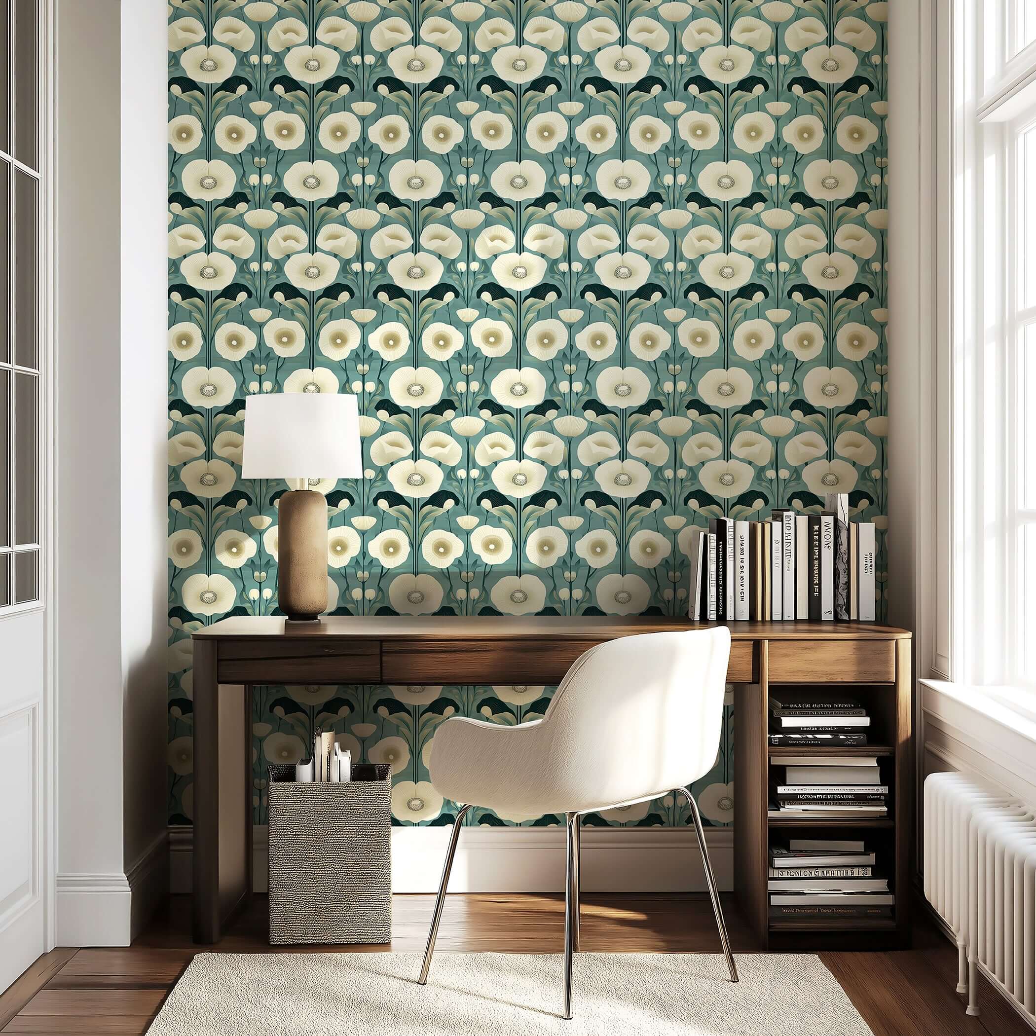 Modern room with Teal Garden Harmony wallpaper featuring ivory poppies on a teal background, blending vintage florals and damask style.
