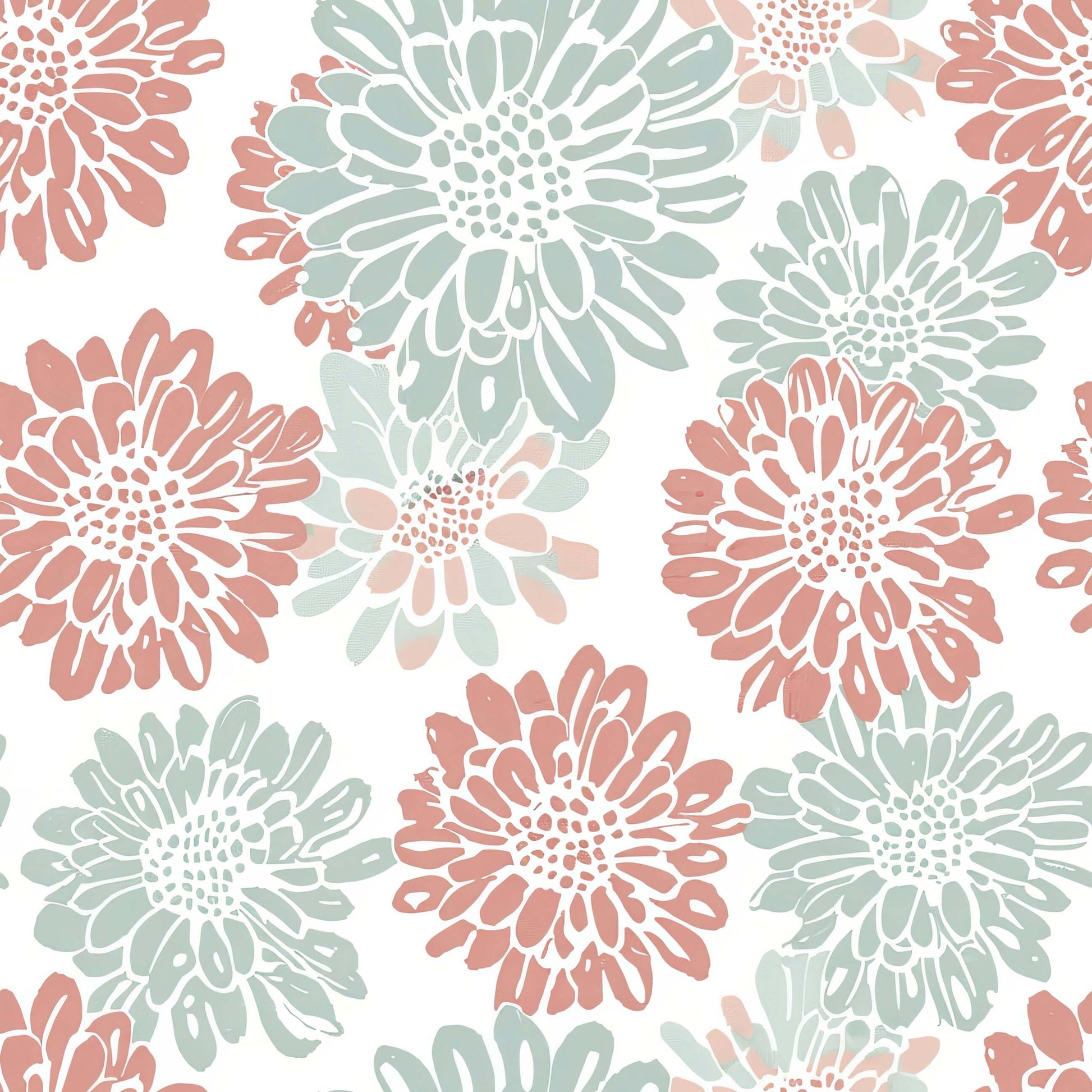 Playful Dahlia Parade wallpaper with hand-painted coral pink and mint green dahlias on a white background, perfect for modern decor.