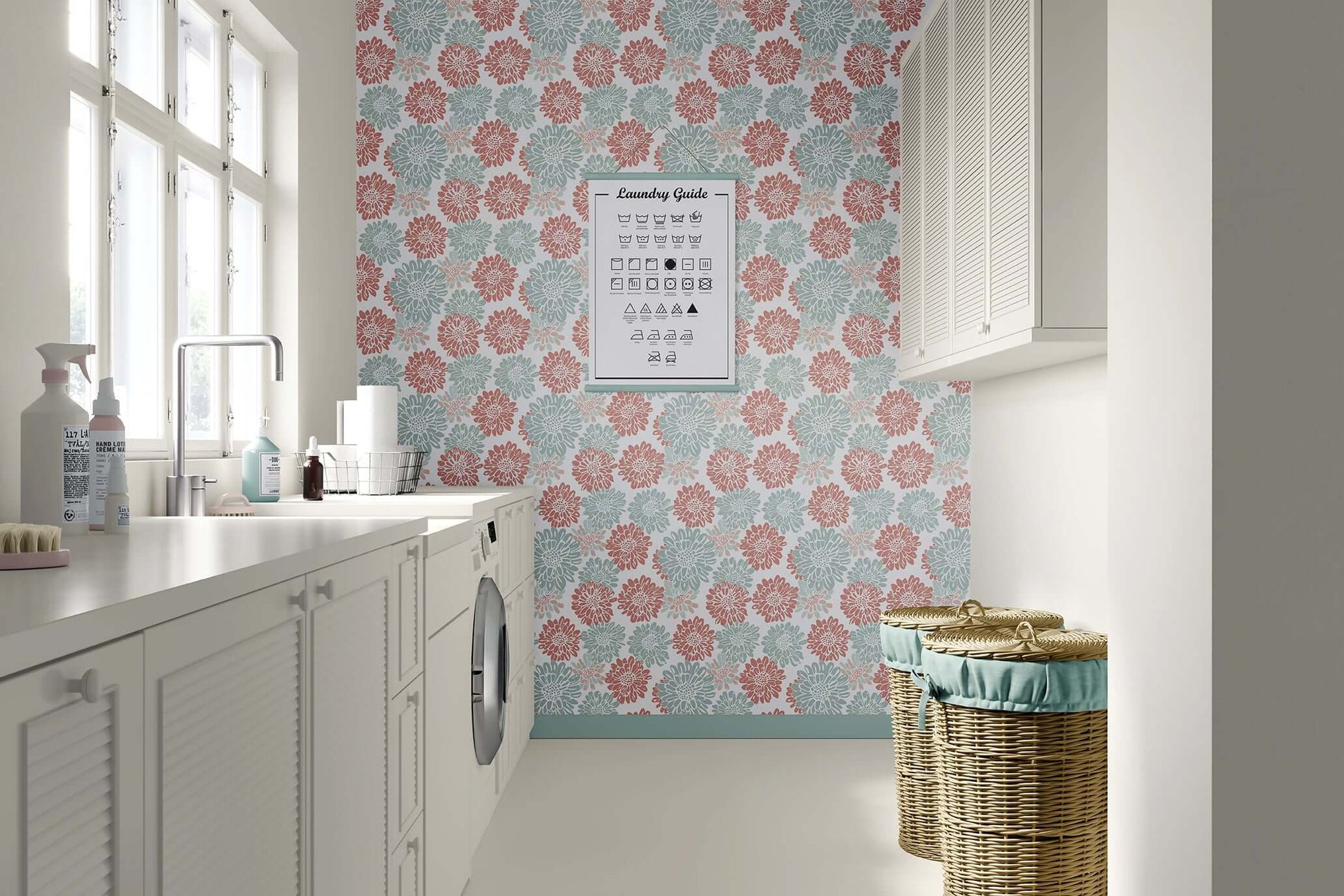 Laundry room with Playful Dahlia Parade wallpaper featuring coral pink and mint green dahlia flowers on a white background.