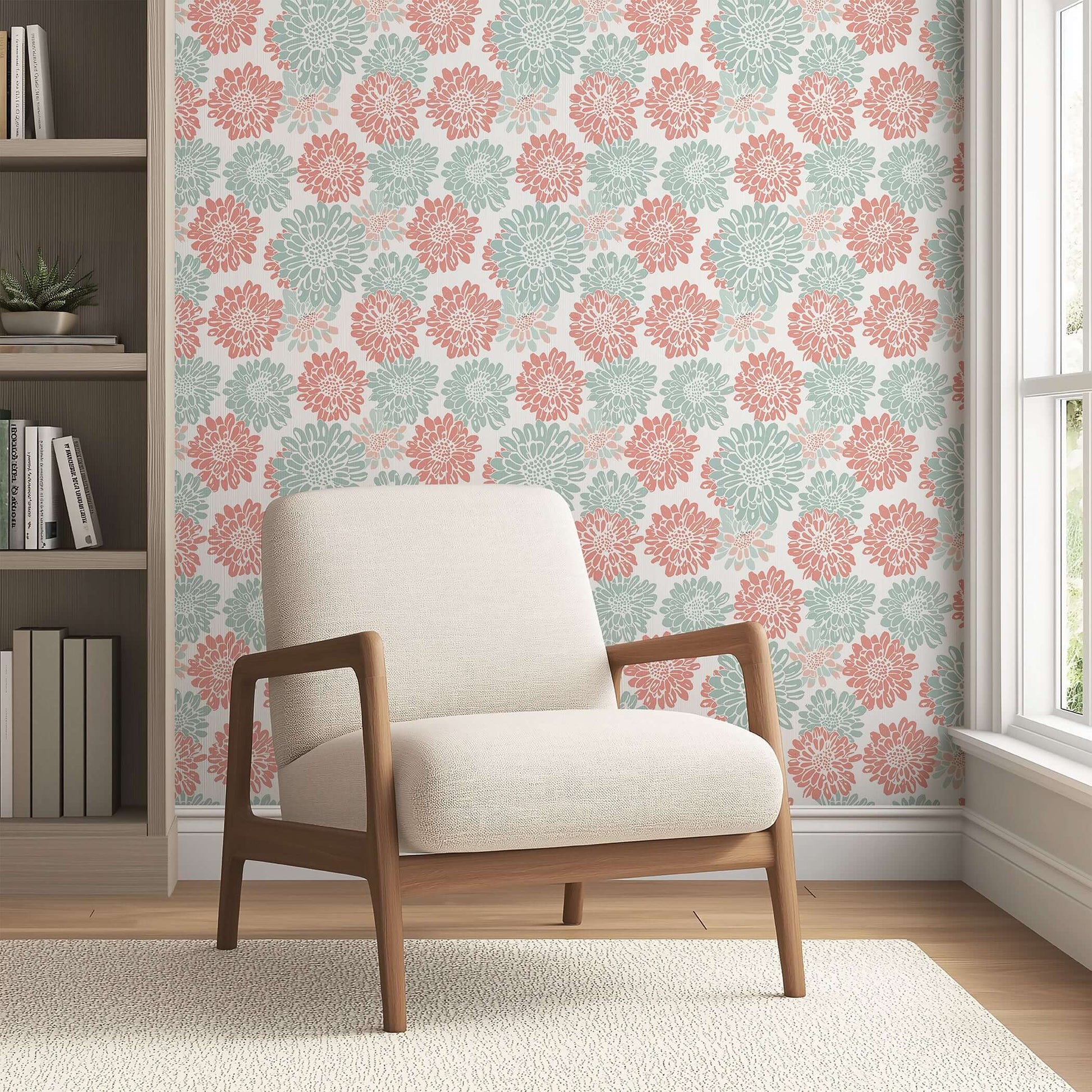 Pink and teal dahlia flowers on white wallpaper behind beige armchair; perfect for adding charm with its abstract floral design.