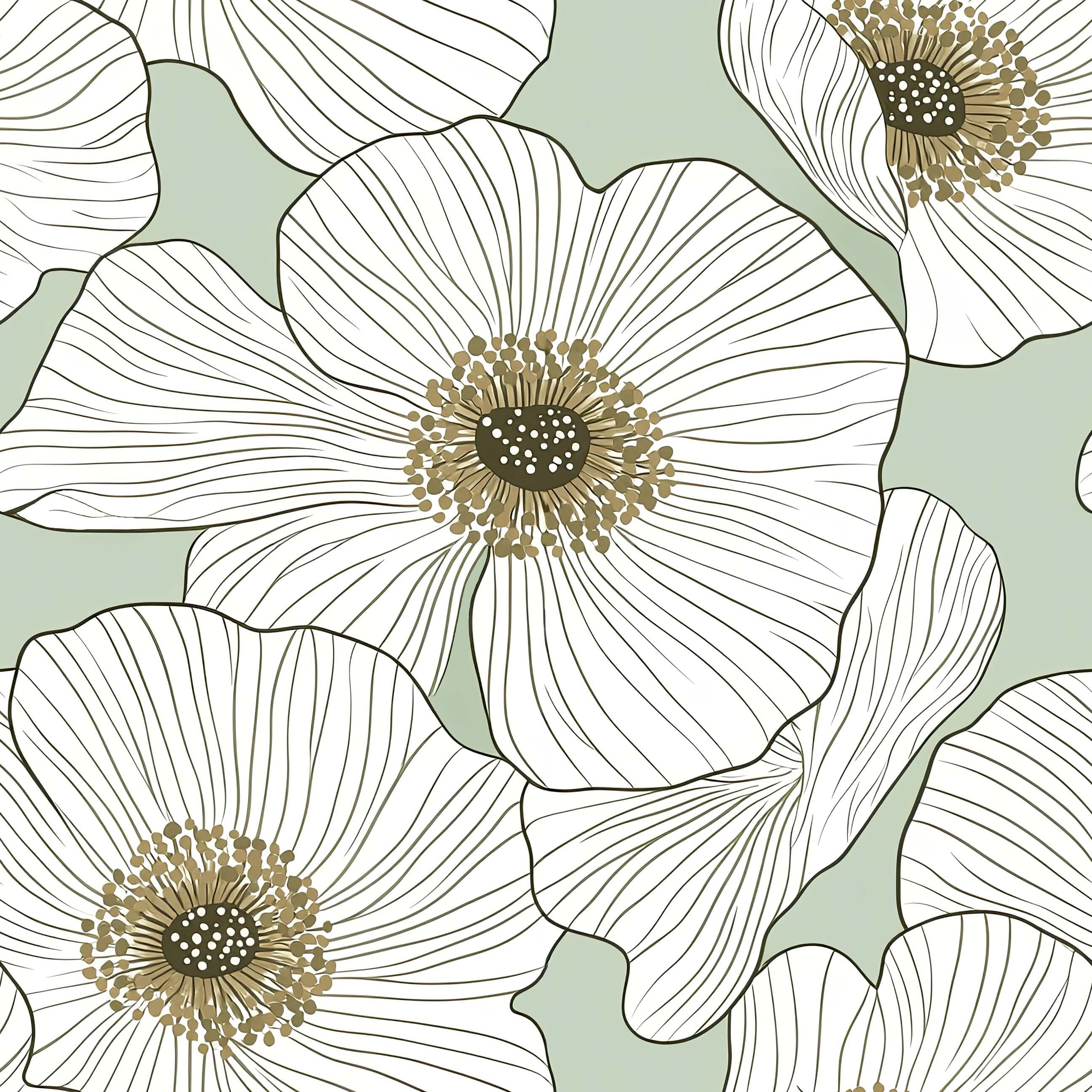 Modern floral wallpaper with large white blossoms on a soft green background, featuring botanical elegance and contemporary style.