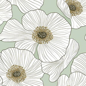 Modern floral wallpaper with large white blossoms on a soft green background, featuring botanical elegance and contemporary style.