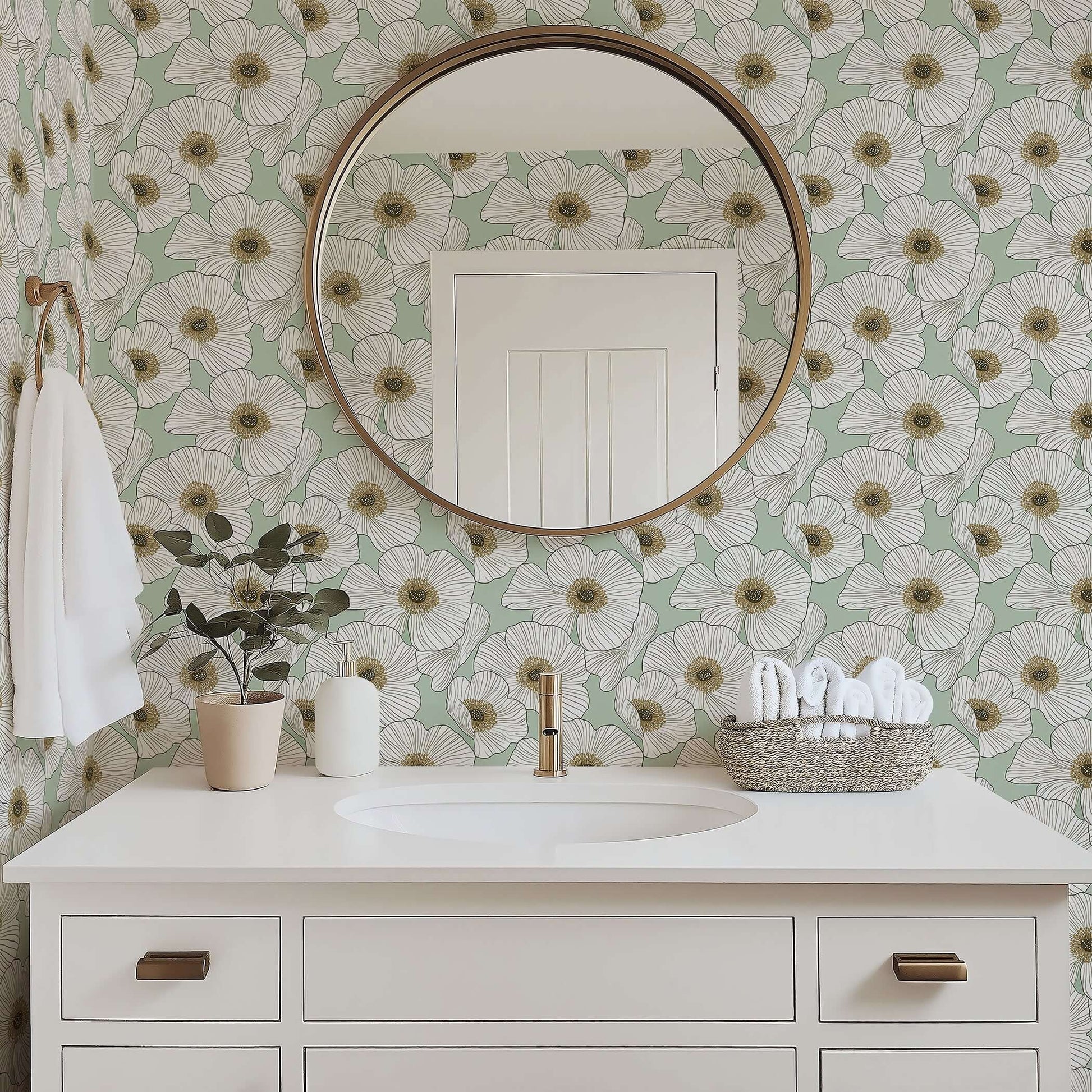 Modern bathroom with floral wallpaper featuring large white flowers on a soft green background, enhancing a contemporary aesthetic.