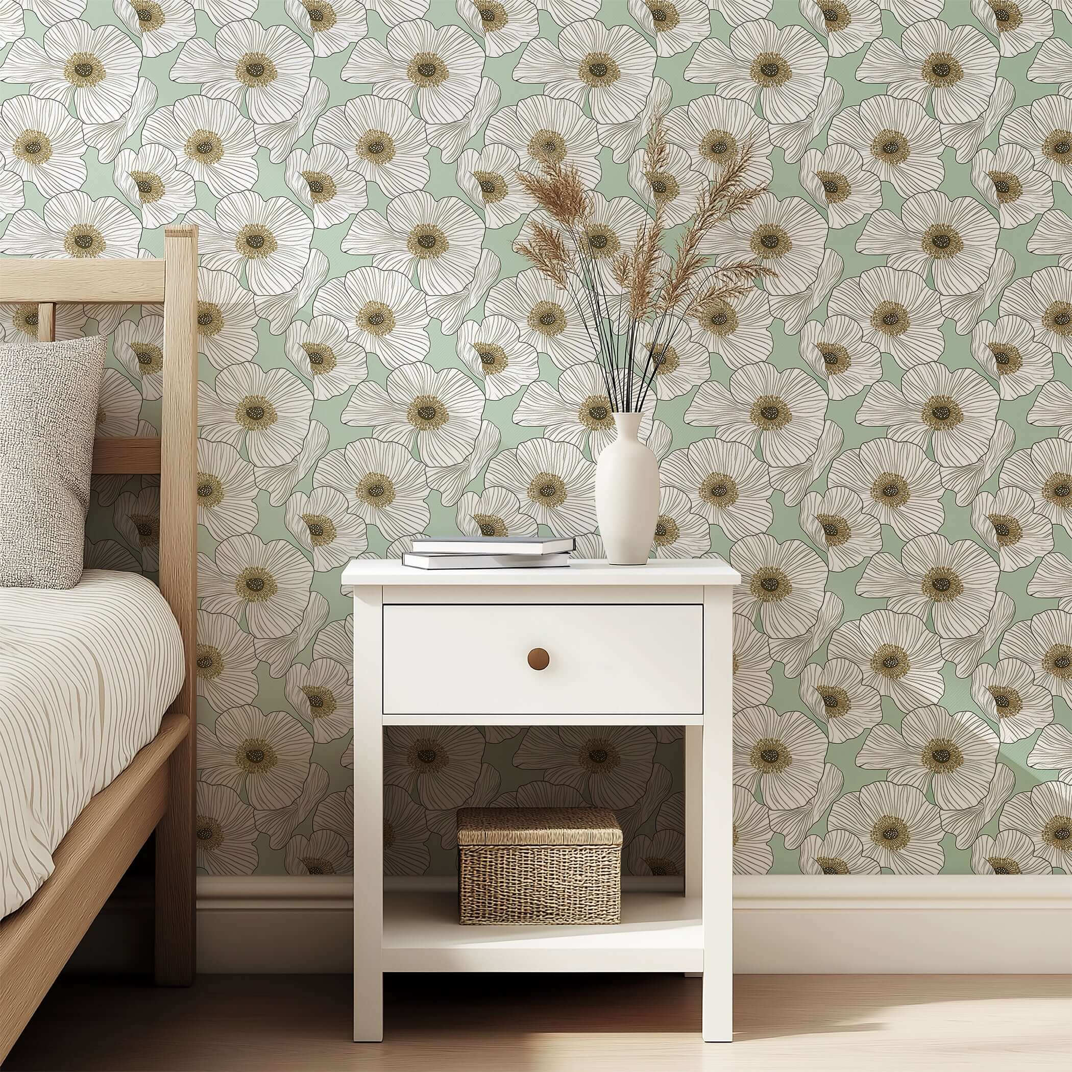 Blooming Elegance wallpaper featuring white floral design on a soft green background, perfect for modern contemporary decor.