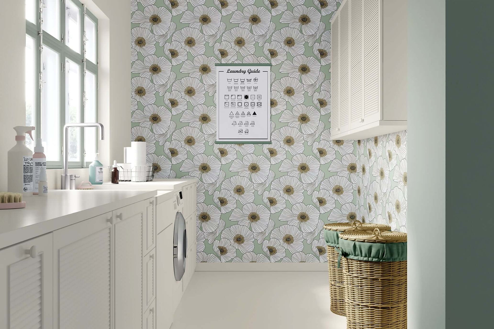 Laundry room with modern floral wallpaper featuring white blossoms on soft green, accentuating a contemporary botanical style.