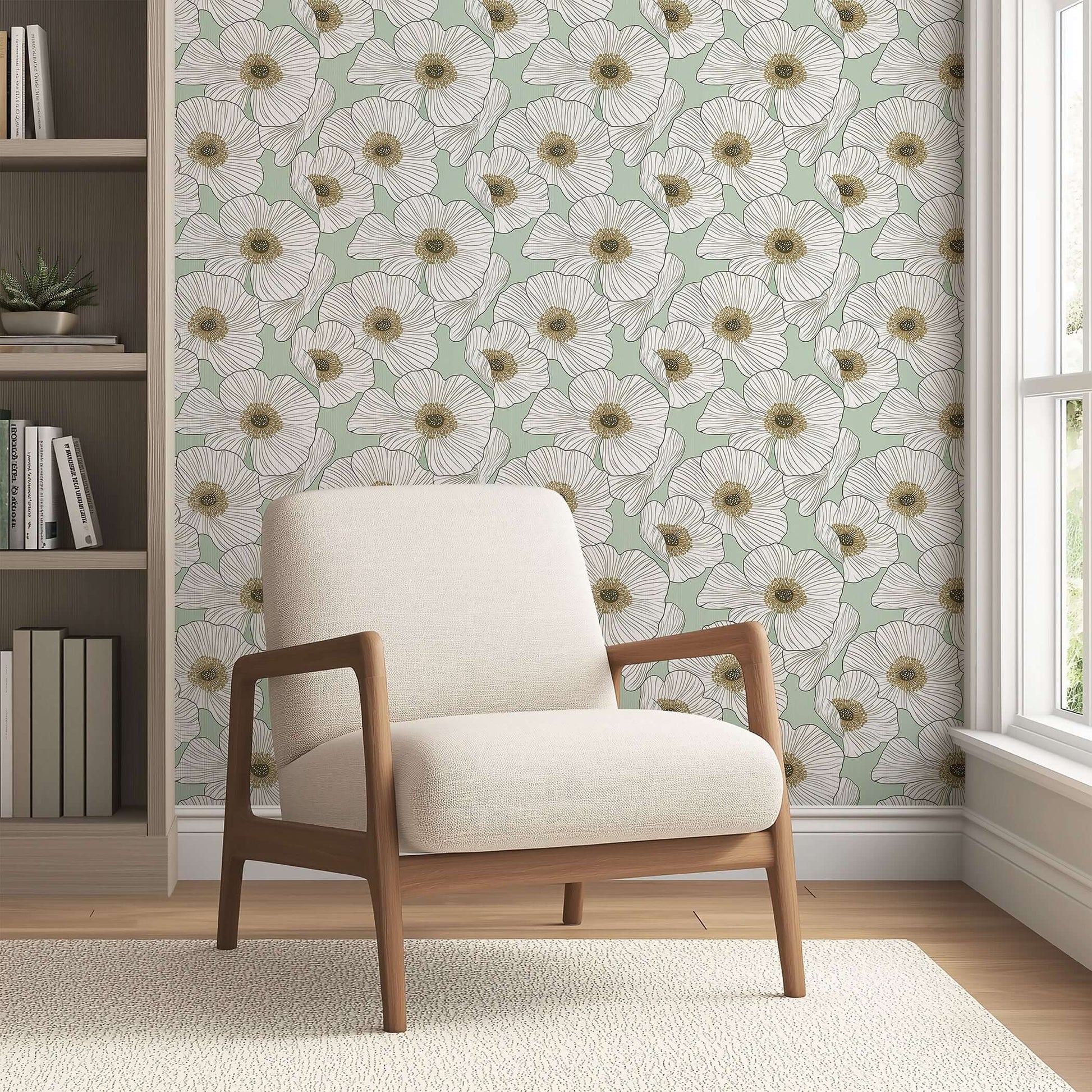 Modern floral wallpaper with white blossoms on a soft green background, enhancing elegance and tranquility in home decor spaces.