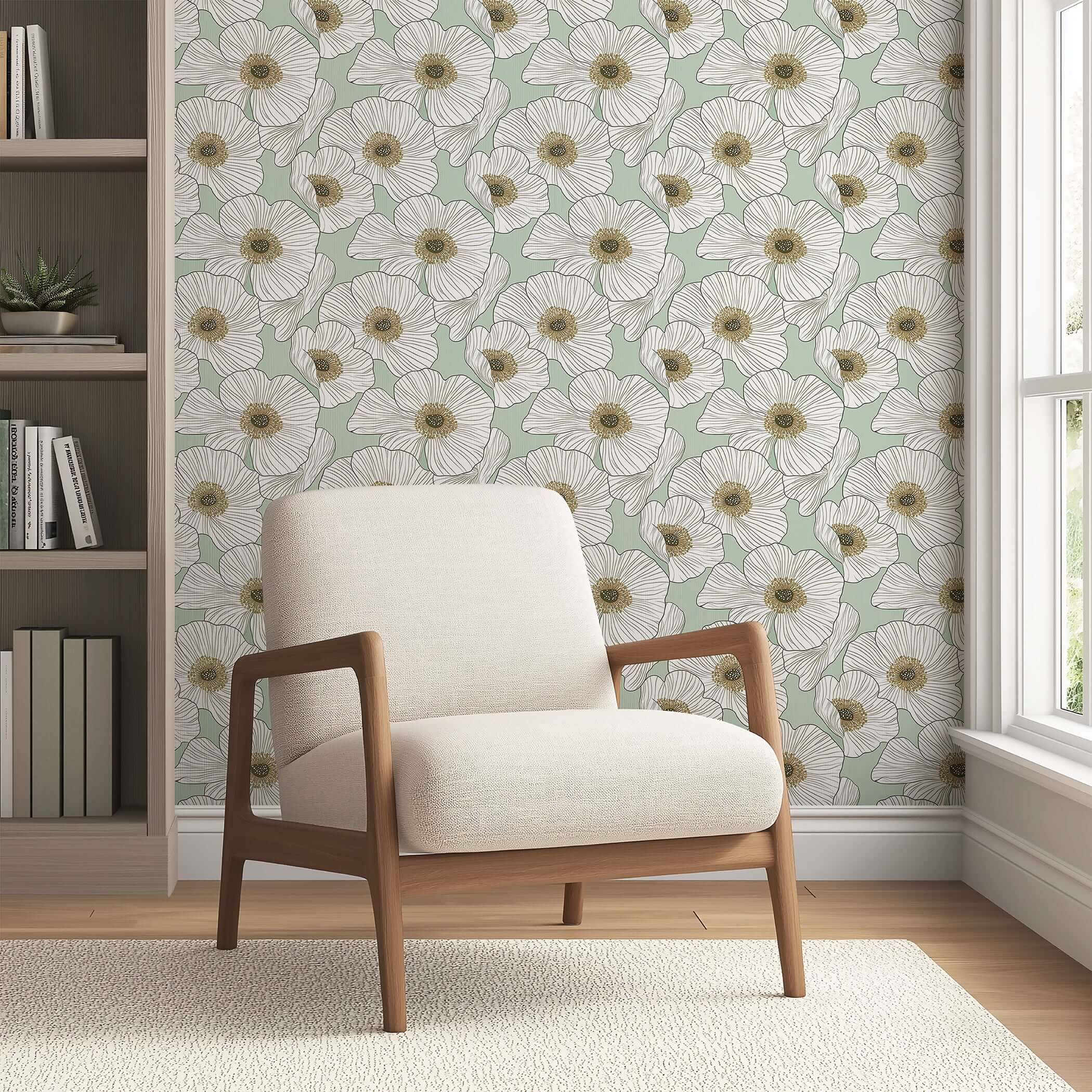 Modern floral wallpaper with white blossoms on a soft green background, enhancing elegance and tranquility in home decor spaces.