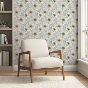 Modern floral wallpaper with white blossoms on a soft green background, enhancing elegance and tranquility in home decor spaces.
