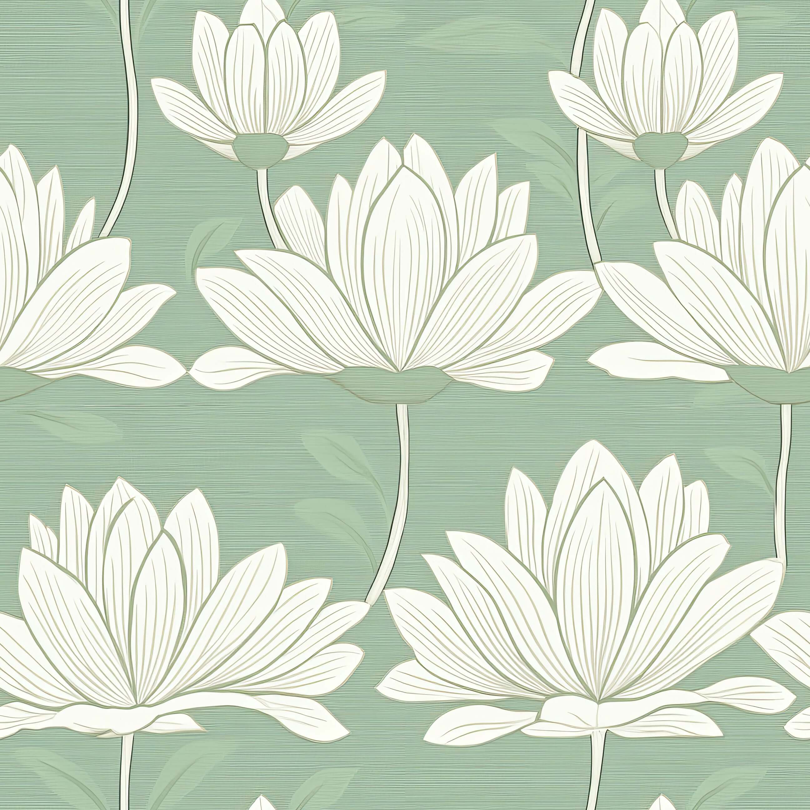 Contemporary wallpaper with white lotus flowers on a muted mint green background, showcasing minimalist and nature-inspired design.