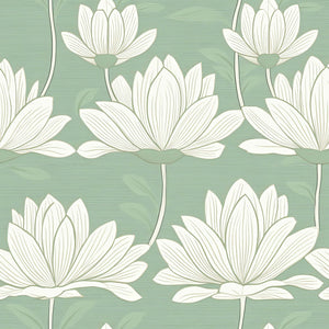 Contemporary wallpaper with white lotus flowers on a muted mint green background, showcasing minimalist and nature-inspired design.
