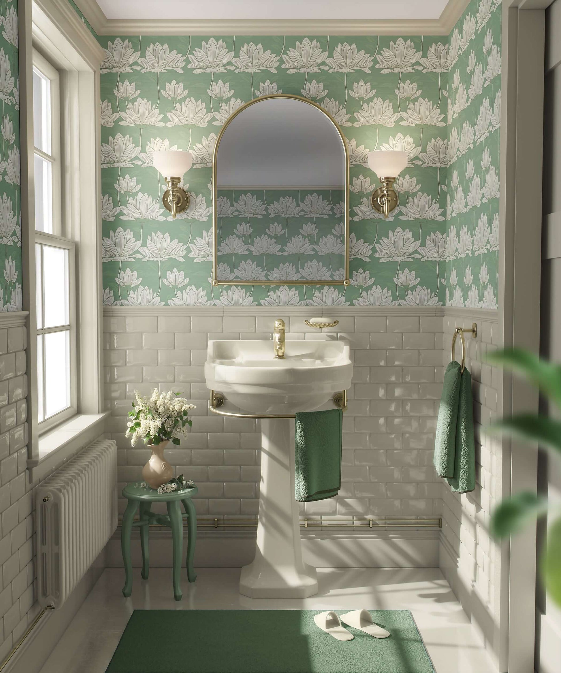 Bathroom featuring mint green and white lotus flower wallpaper with contemporary decor and elegant lighting.