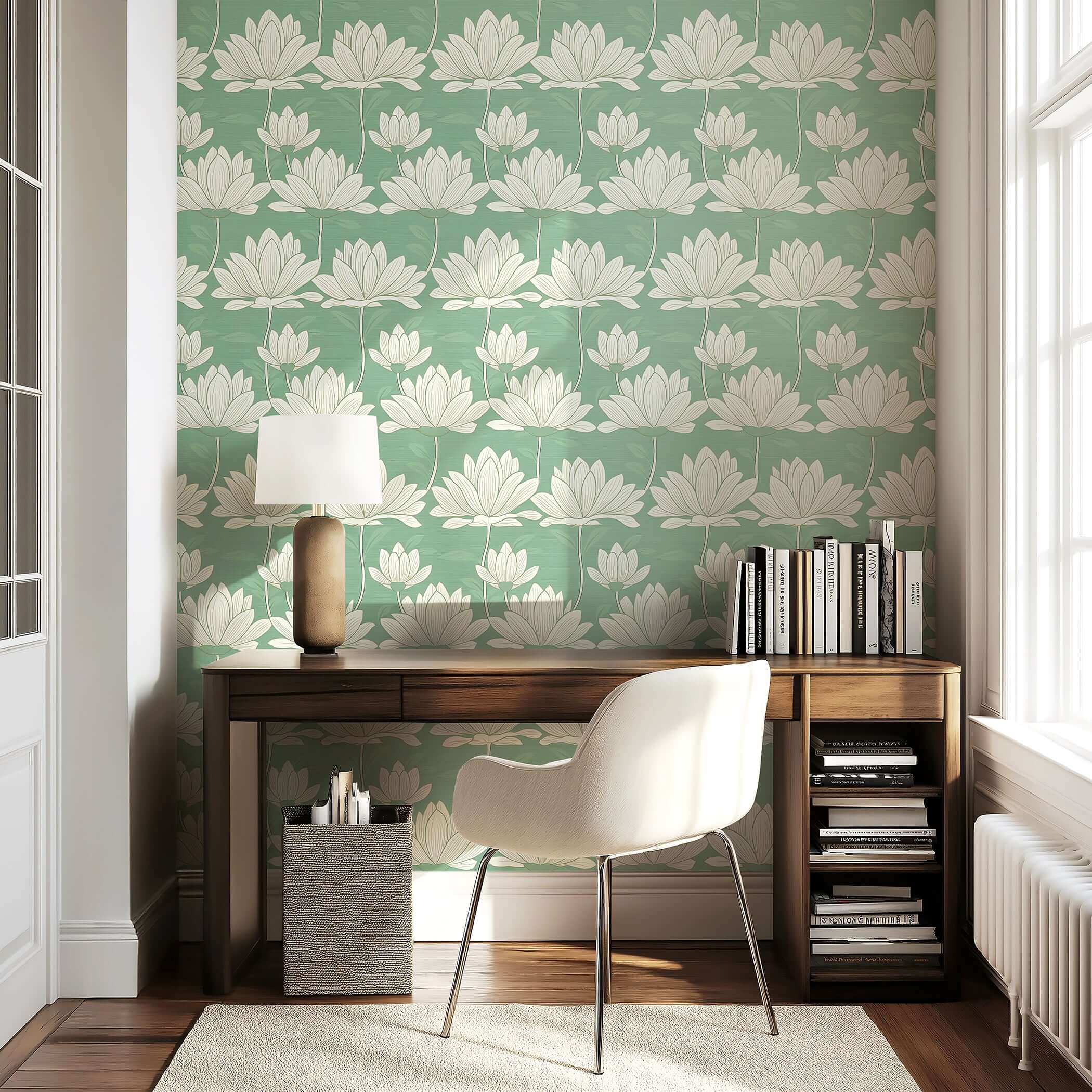 Modern workspace featuring Zen Lotus Garden wallpaper with white lotus flowers on a mint green background, creating a tranquil atmosphere.
