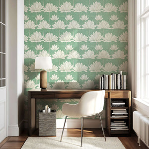Modern workspace featuring Zen Lotus Garden wallpaper with white lotus flowers on a mint green background, creating a tranquil atmosphere.