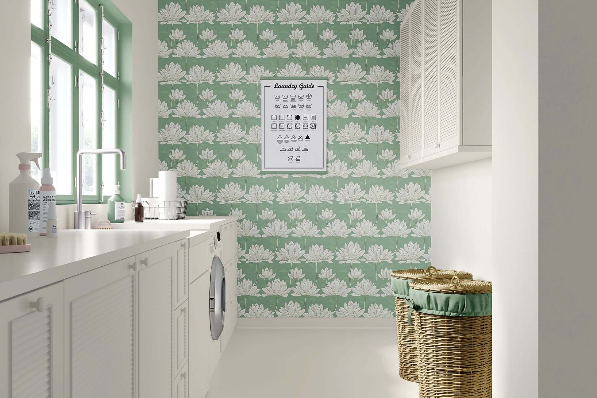 Modern laundry room with Zen Lotus Garden wallpaper featuring white lotus flowers on a mint green background.
