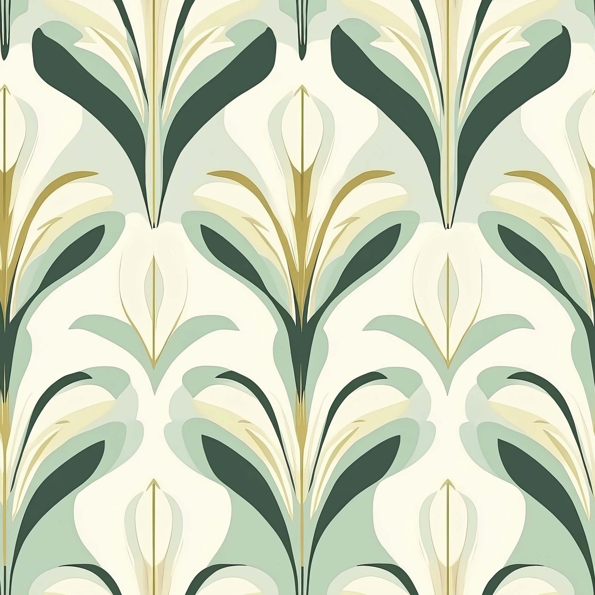 Art Deco wallpaper with green, gold, and ivory botanical patterns, inspired by Art Nouveau elegance.