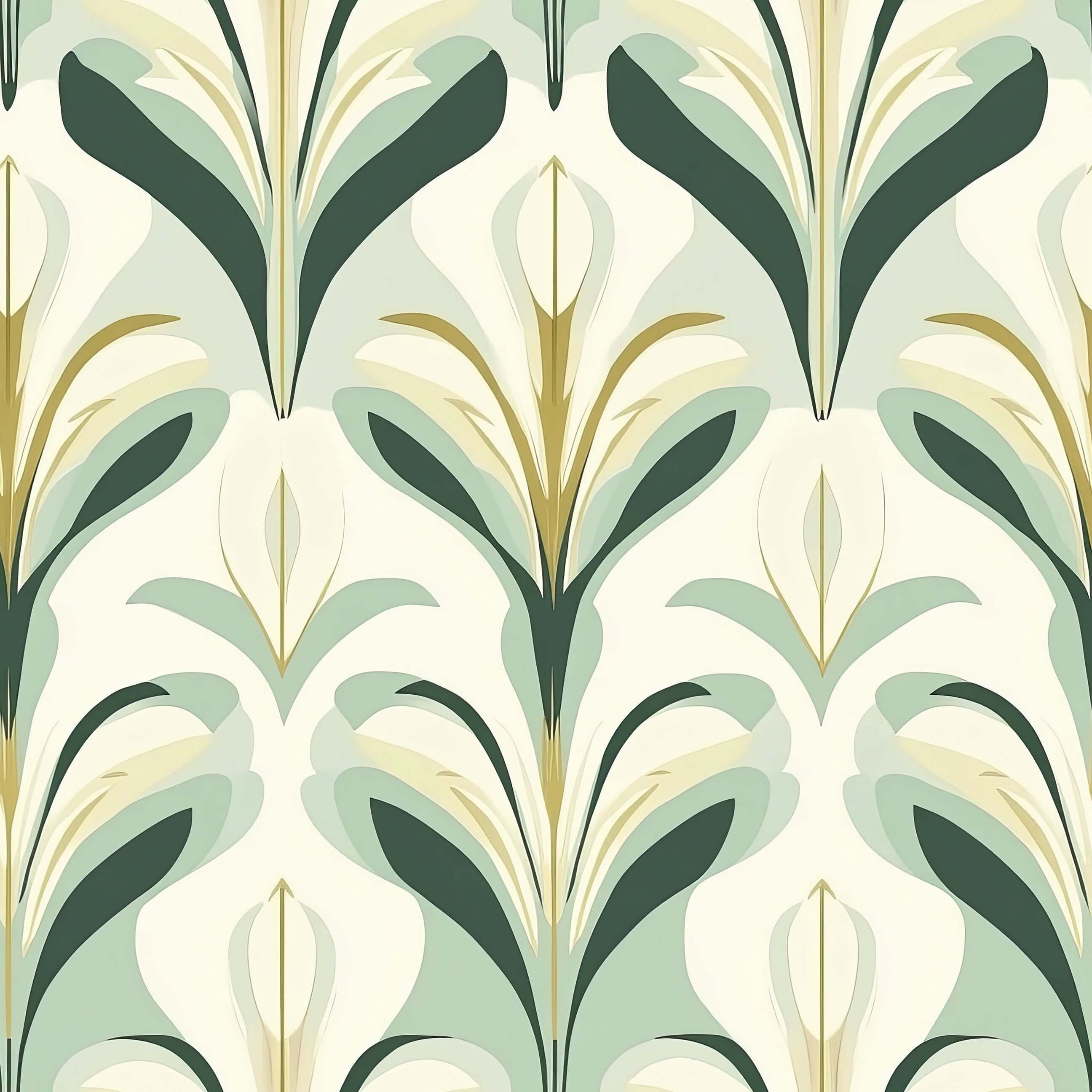 Art Deco wallpaper with green, gold, and ivory botanical patterns, inspired by Art Nouveau elegance.