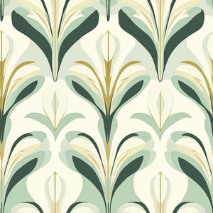 Art Deco wallpaper with green, gold, and ivory botanical patterns, inspired by Art Nouveau elegance.