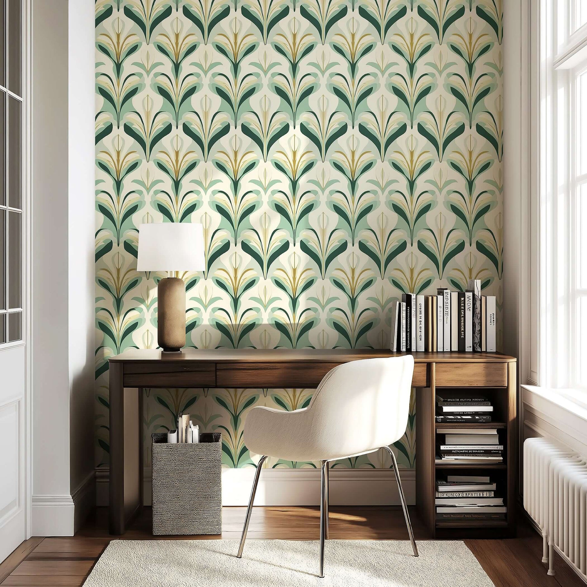 Art Deco floral inspired wallpaper in green and gold by Vintage Verdant Glamour, perfect for elegant home decor accents.