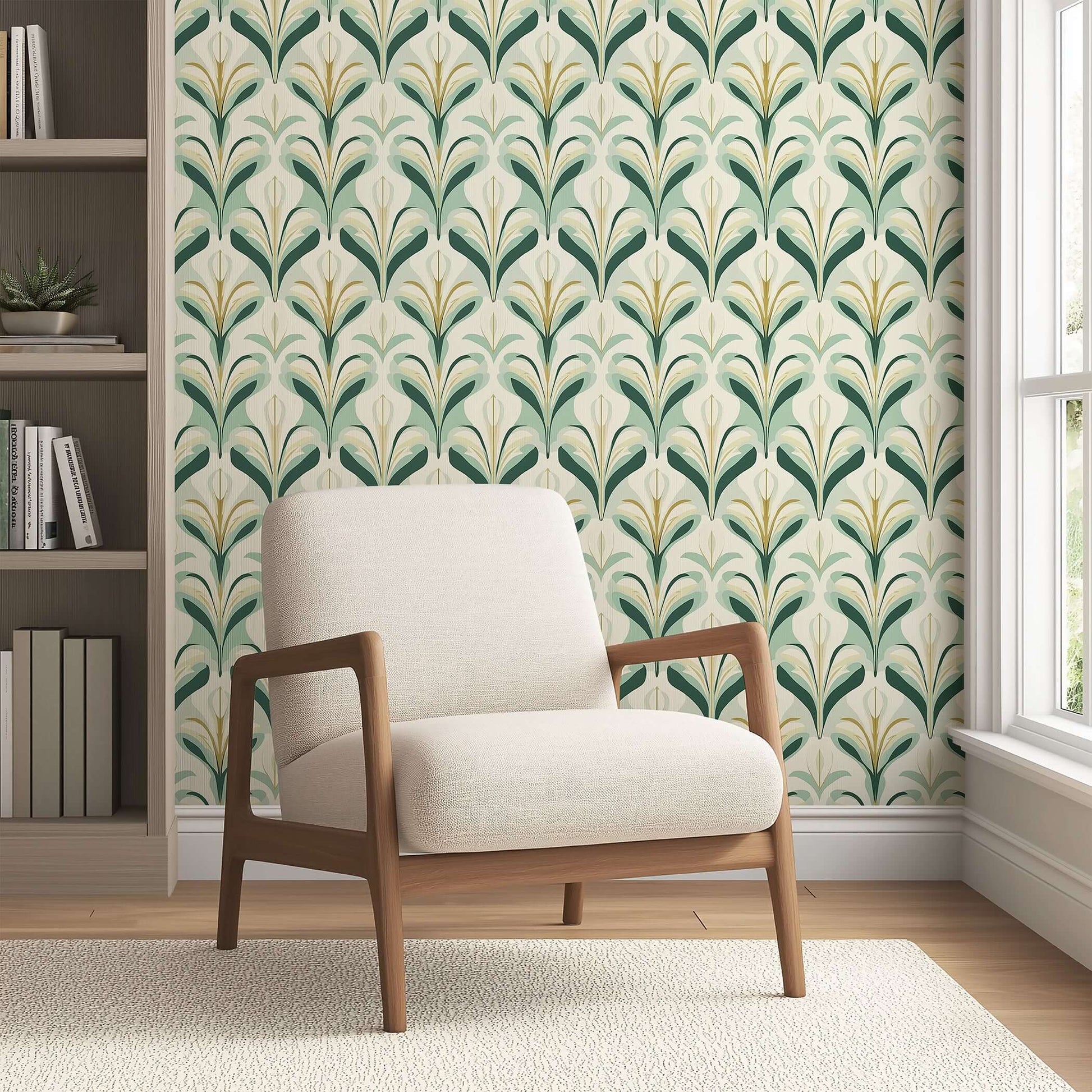 Vintage Verdant Glamour wallpaper with art deco green and gold botanical pattern, featuring modern chair in a stylish room.