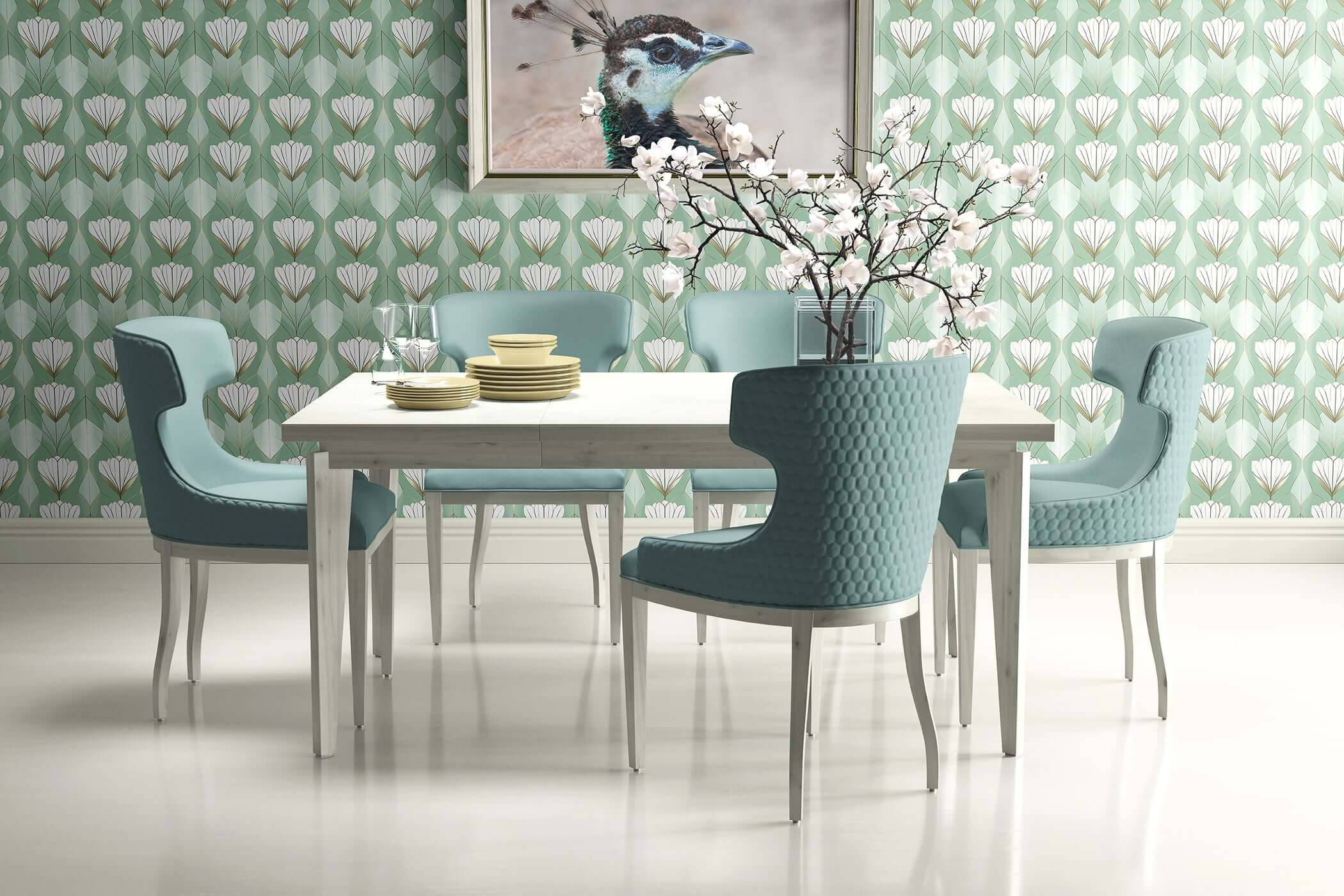Modern dining room with blue chairs, white table set, and Ornate Deco Tulips wallpaper in green, white, and gold Art Deco design.