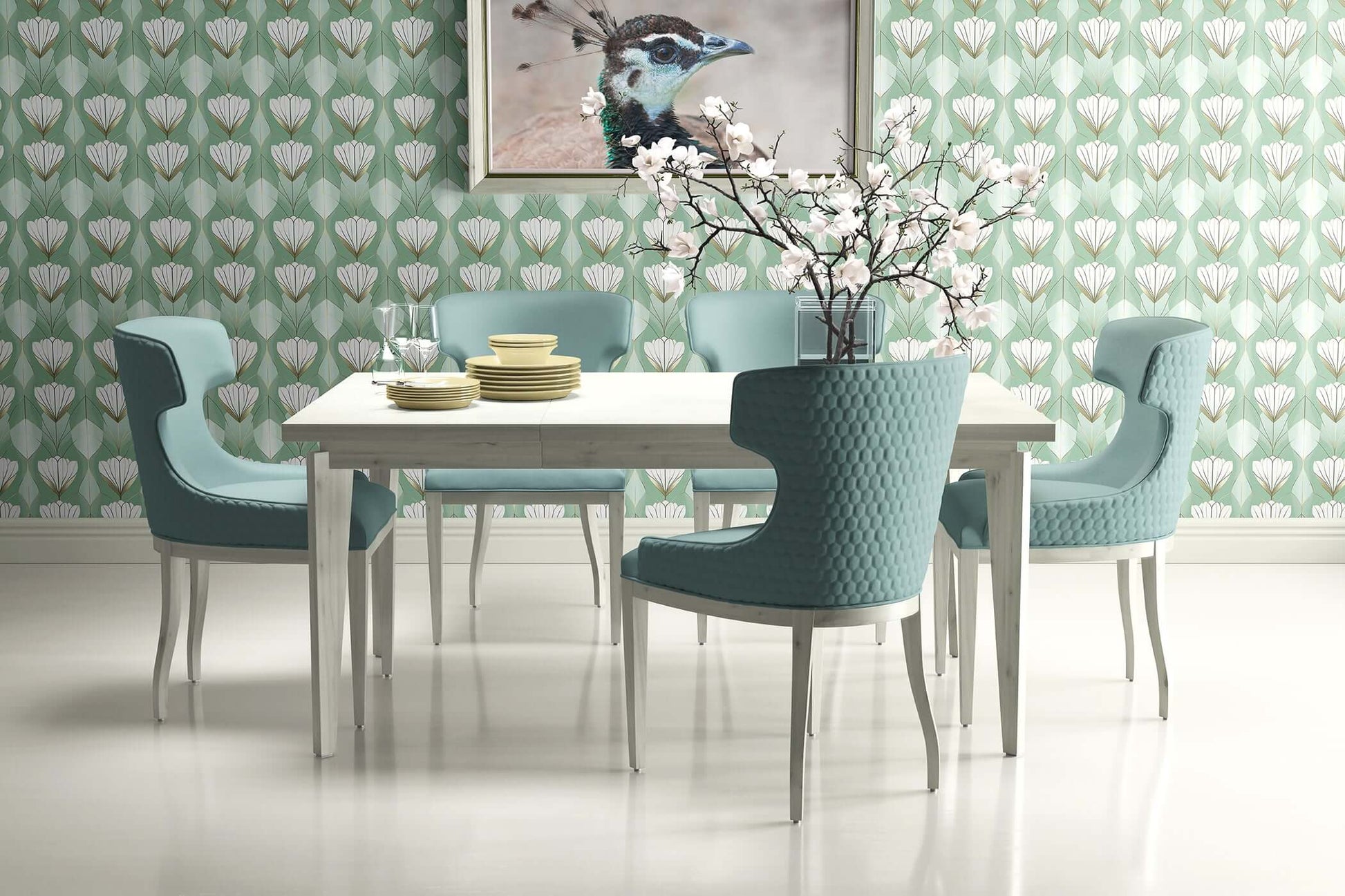 Modern dining room with blue chairs, white table set, and Ornate Deco Tulips wallpaper in green, white, and gold Art Deco design.