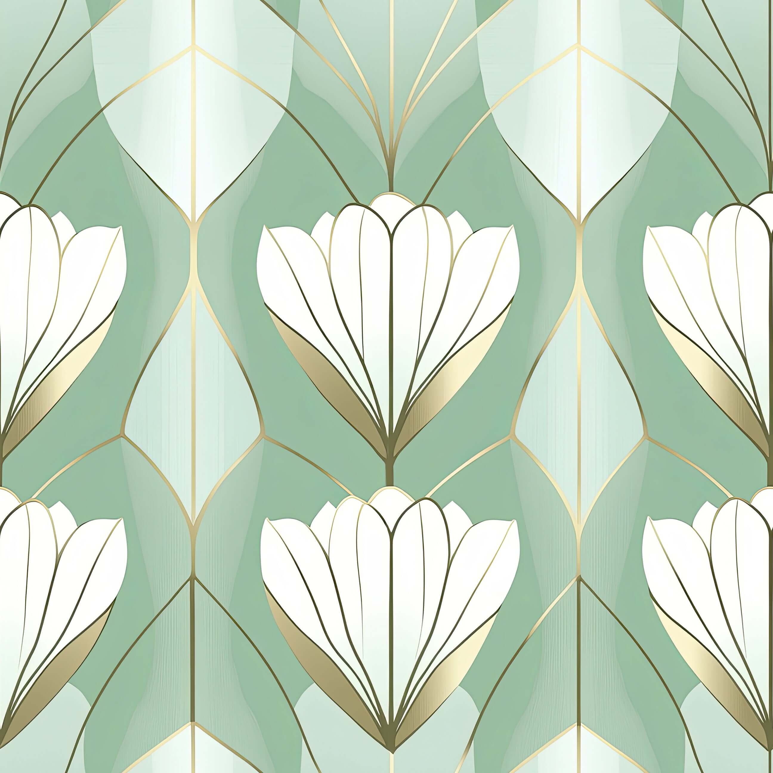 Art Deco wallpaper with stylized white tulips and gold details on a sage green background, perfect for elegant interior decor.