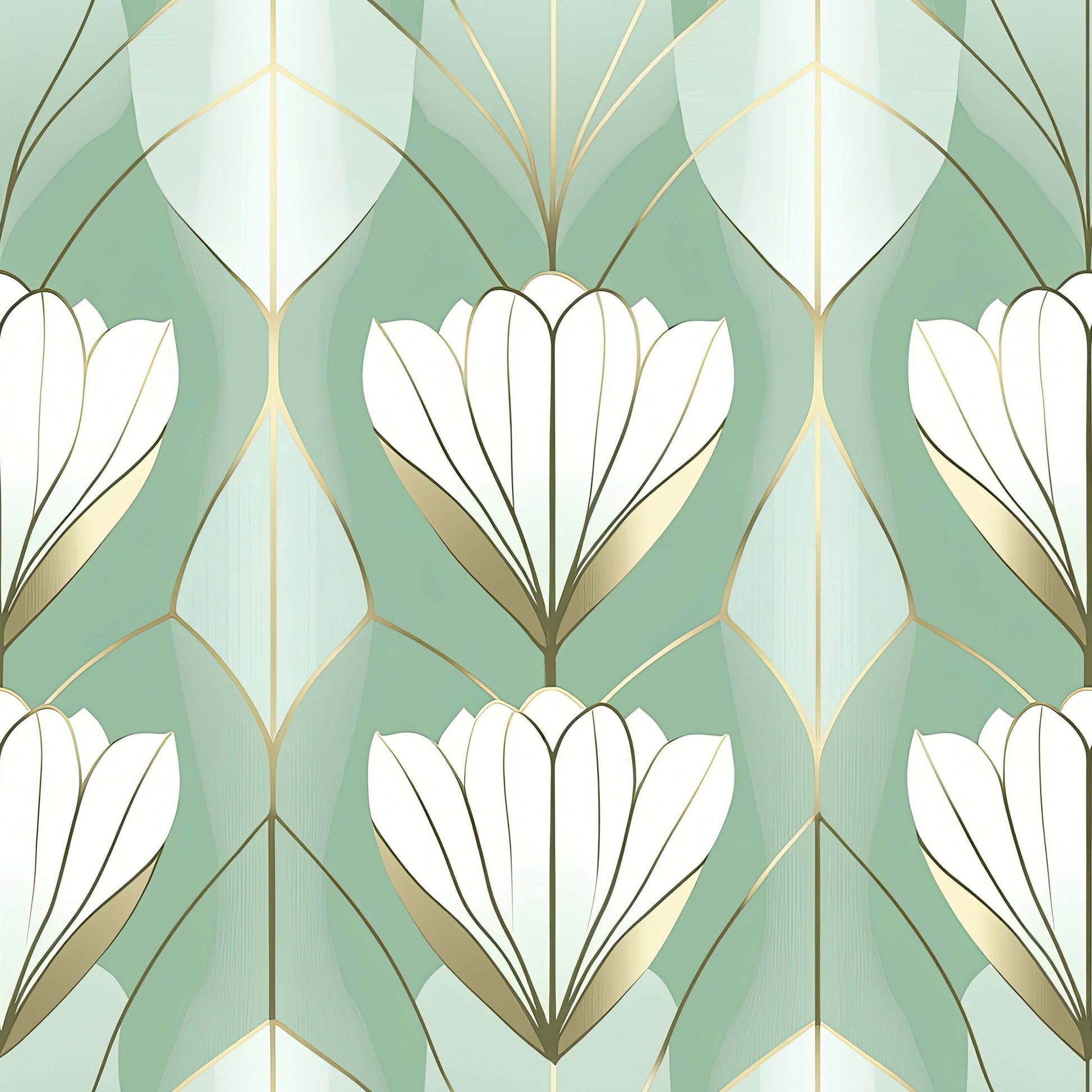 Art Deco wallpaper with stylized white tulips and gold details on a sage green background, perfect for elegant interior decor.