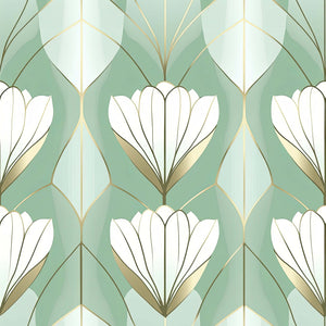 Art Deco wallpaper with stylized white tulips and gold details on a sage green background, perfect for elegant interior decor.
