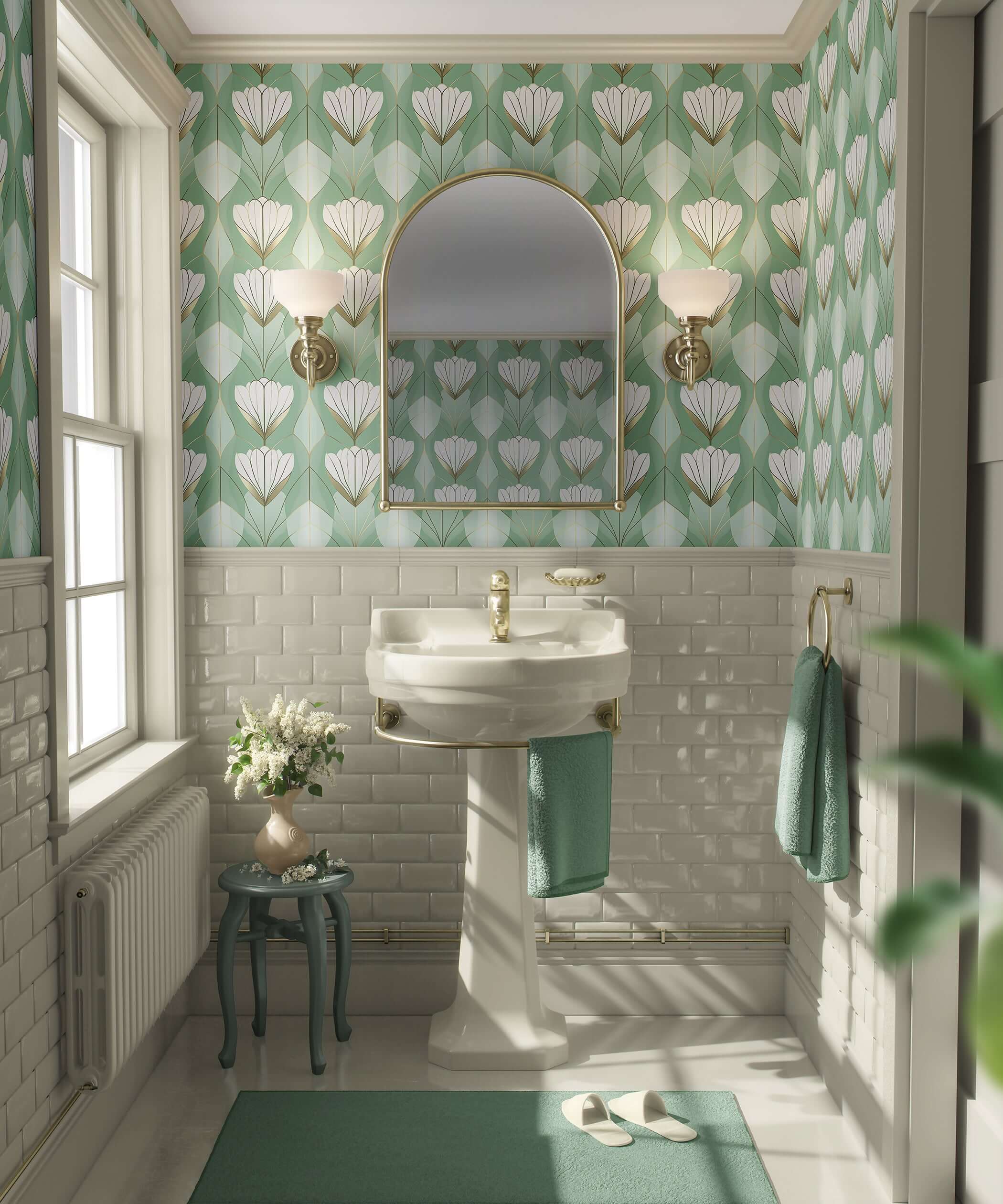 Bathroom with Ornate Deco Tulips wallpaper in green, white, and gold, featuring stylized floral and geometric designs.