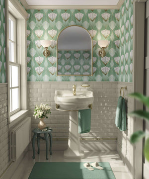 Bathroom with Ornate Deco Tulips wallpaper in green, white, and gold, featuring stylized floral and geometric designs.