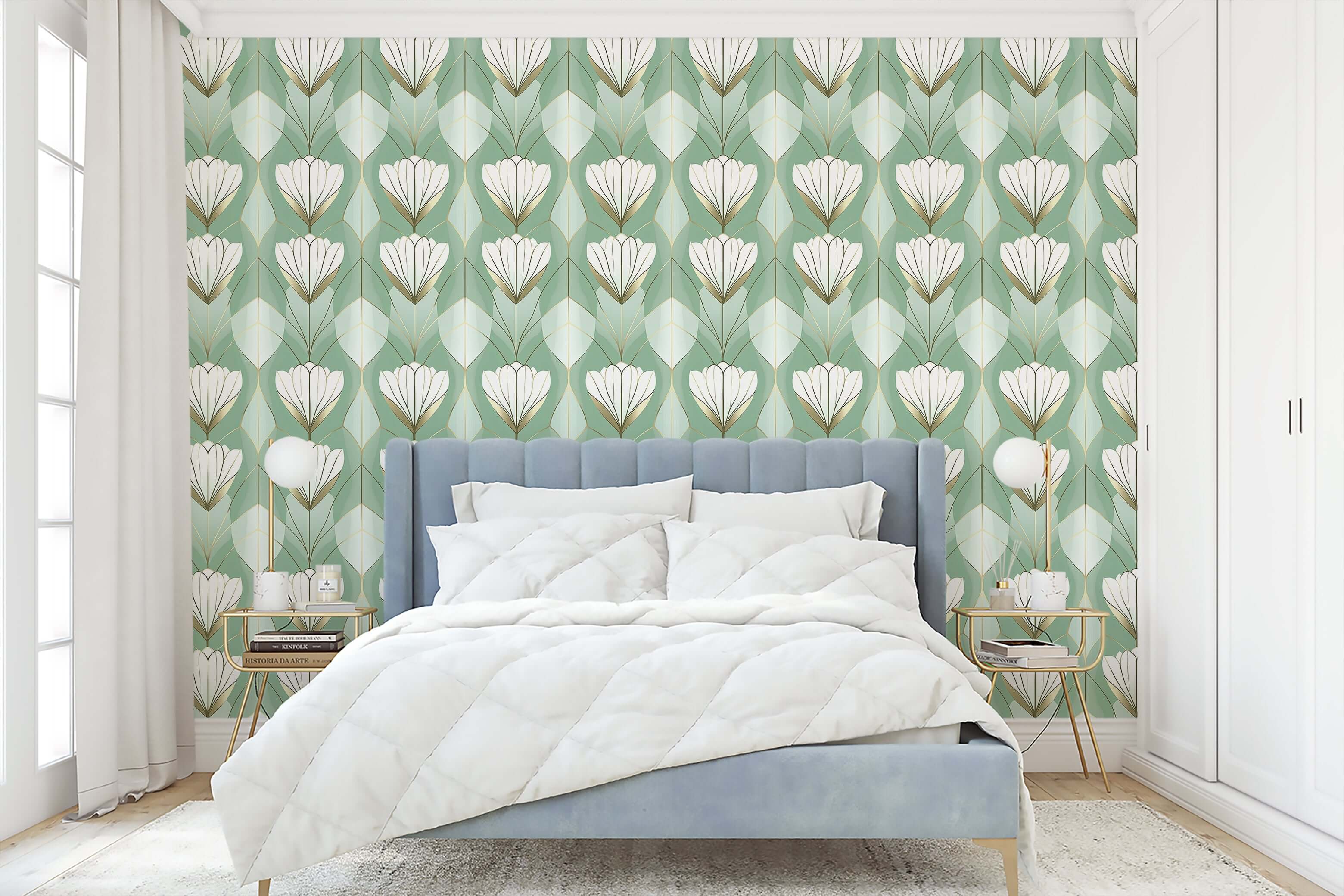 Art Deco wallpaper with stylized white tulips and gold accents on a sage background, enhancing a bedroom's elegance.