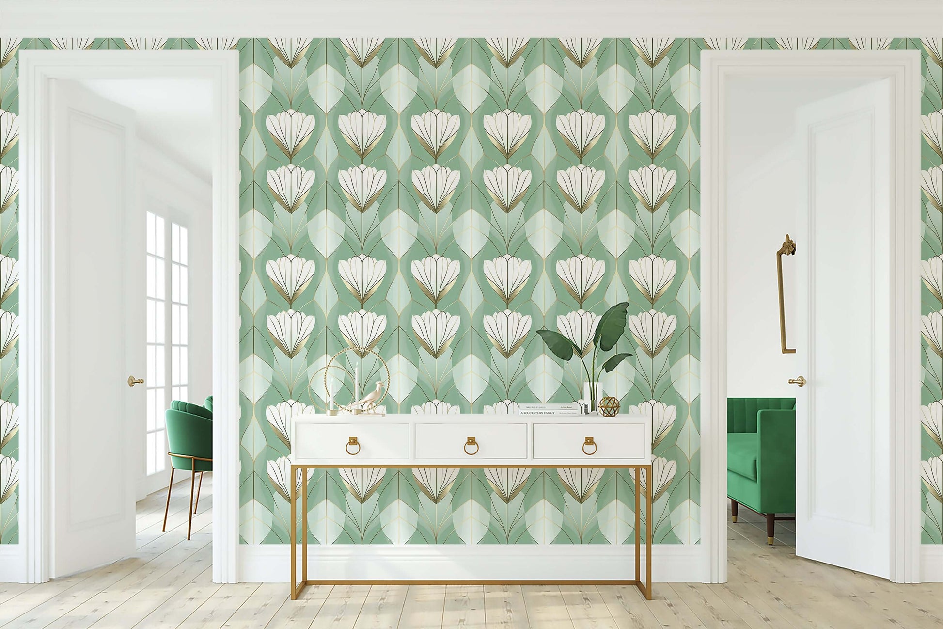 Art Deco tulip wallpaper in green, white, and gold adding elegance to a stylish entryway with a modern console table.