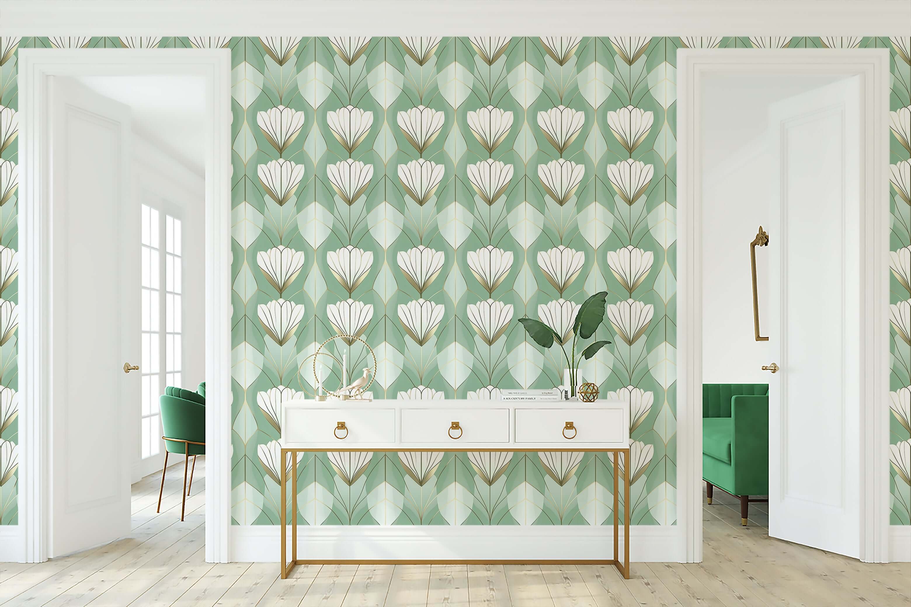 Art Deco tulip wallpaper in green, white, and gold adding elegance to a stylish entryway with a modern console table.