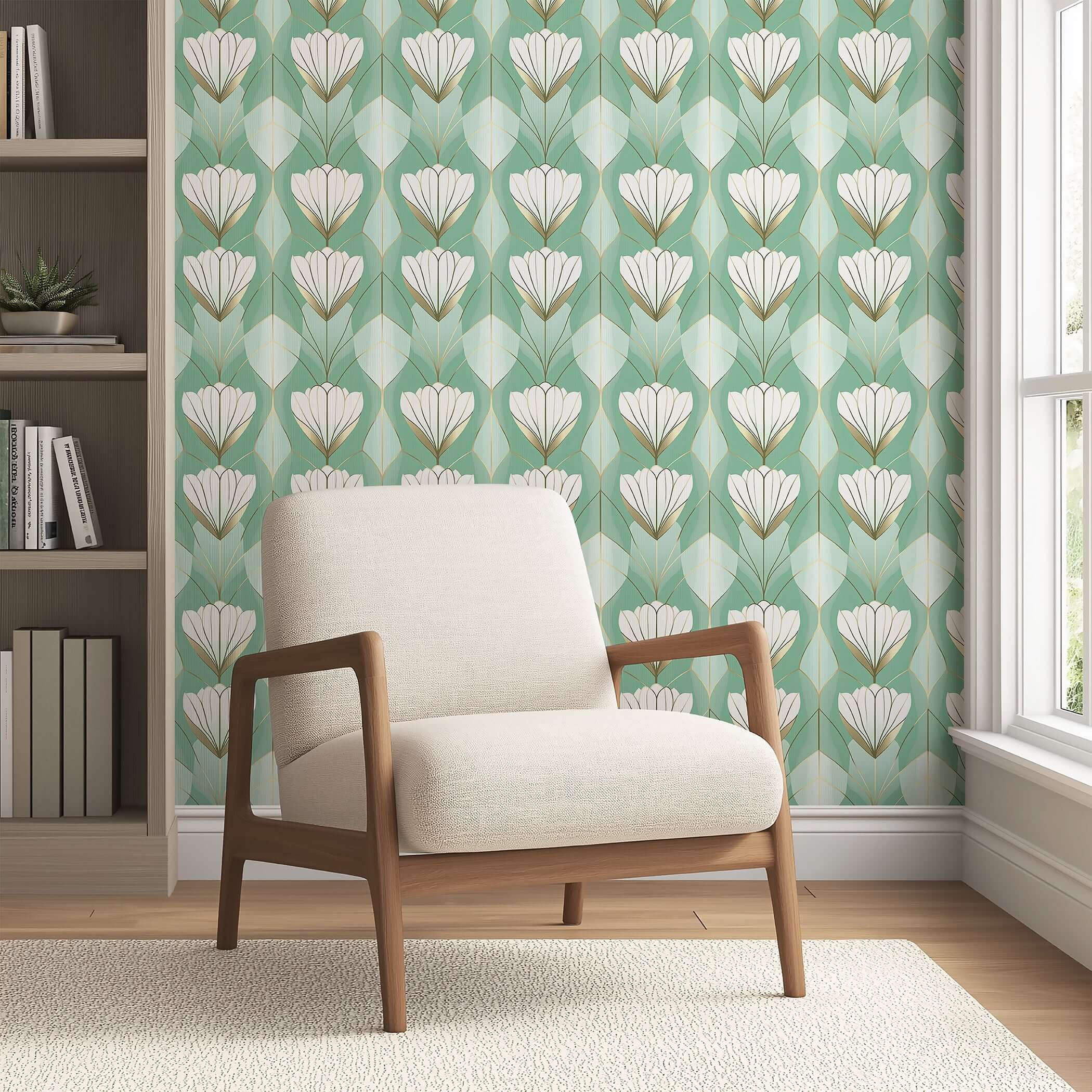 Modern chair in front of green Art Deco tulips wallpaper with white and gold accents